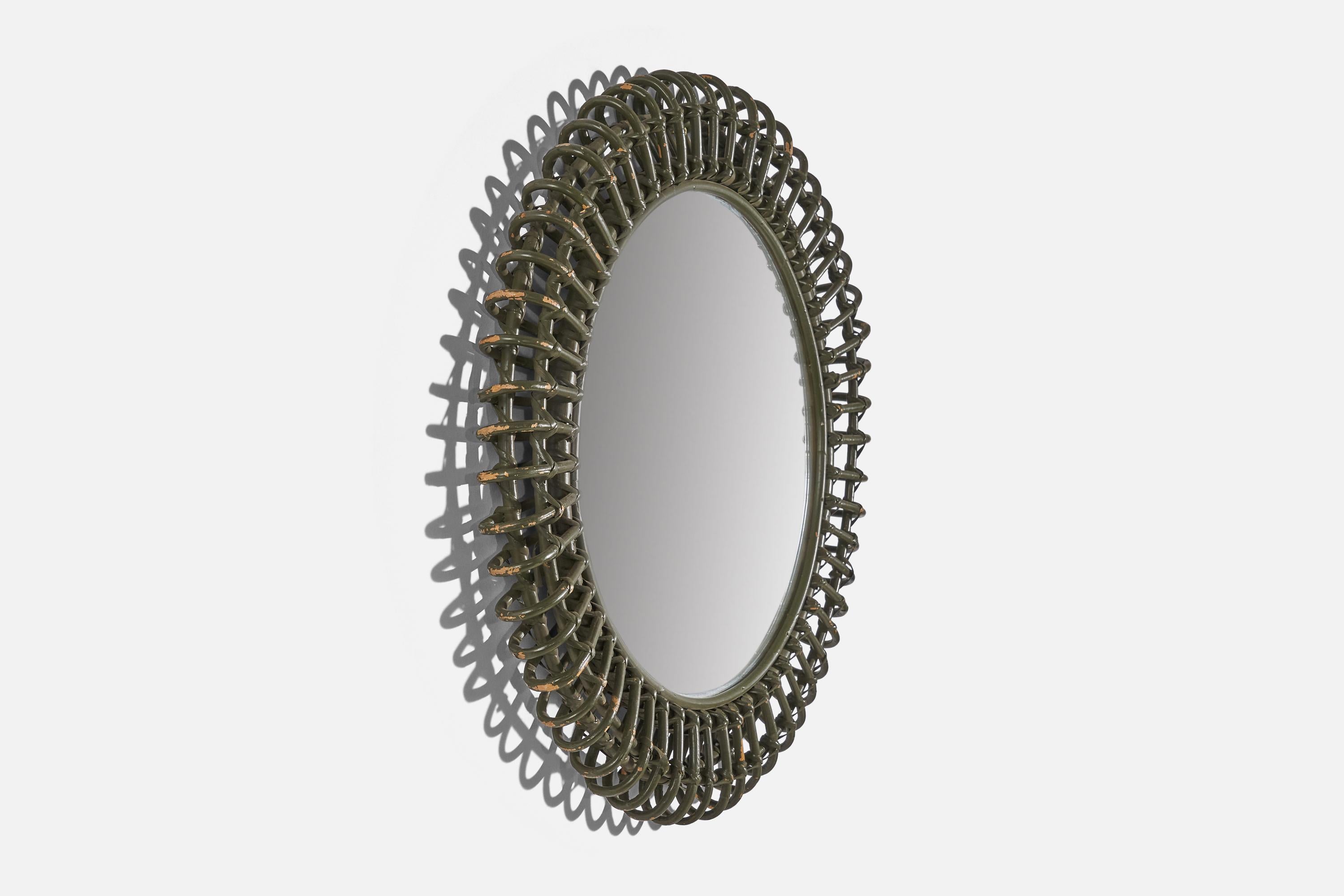 Mid-20th Century Italian Designer, Circular Wall Mirror, Green Rattan, Mirror, Italy, c. 1950s