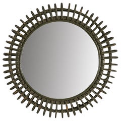 Italian Designer, Circular Wall Mirror, Green Rattan, Mirror, Italy, c. 1950s