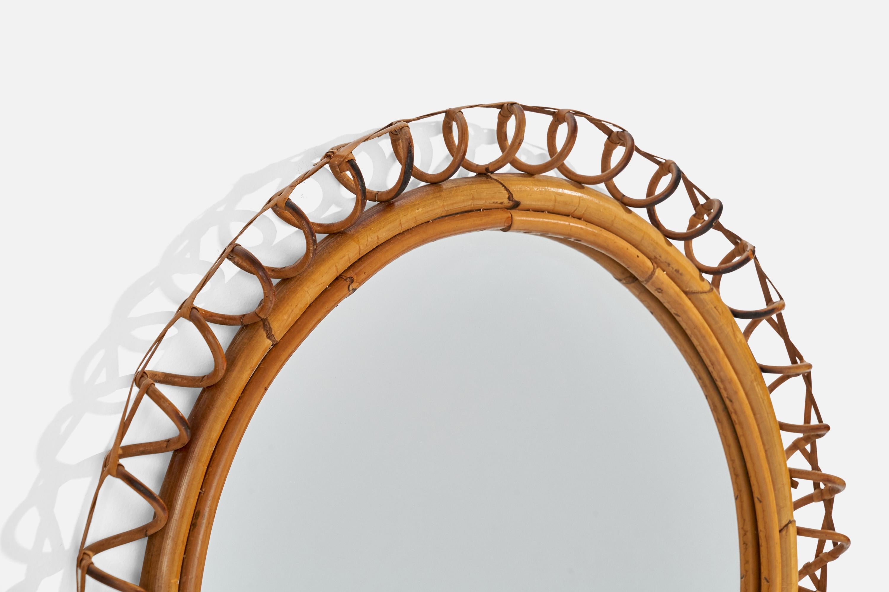 Mid-Century Modern Italian Designer, Circular Wall Mirror, Rattan, Bamboo, Mirror, Italy, c. 1950s For Sale