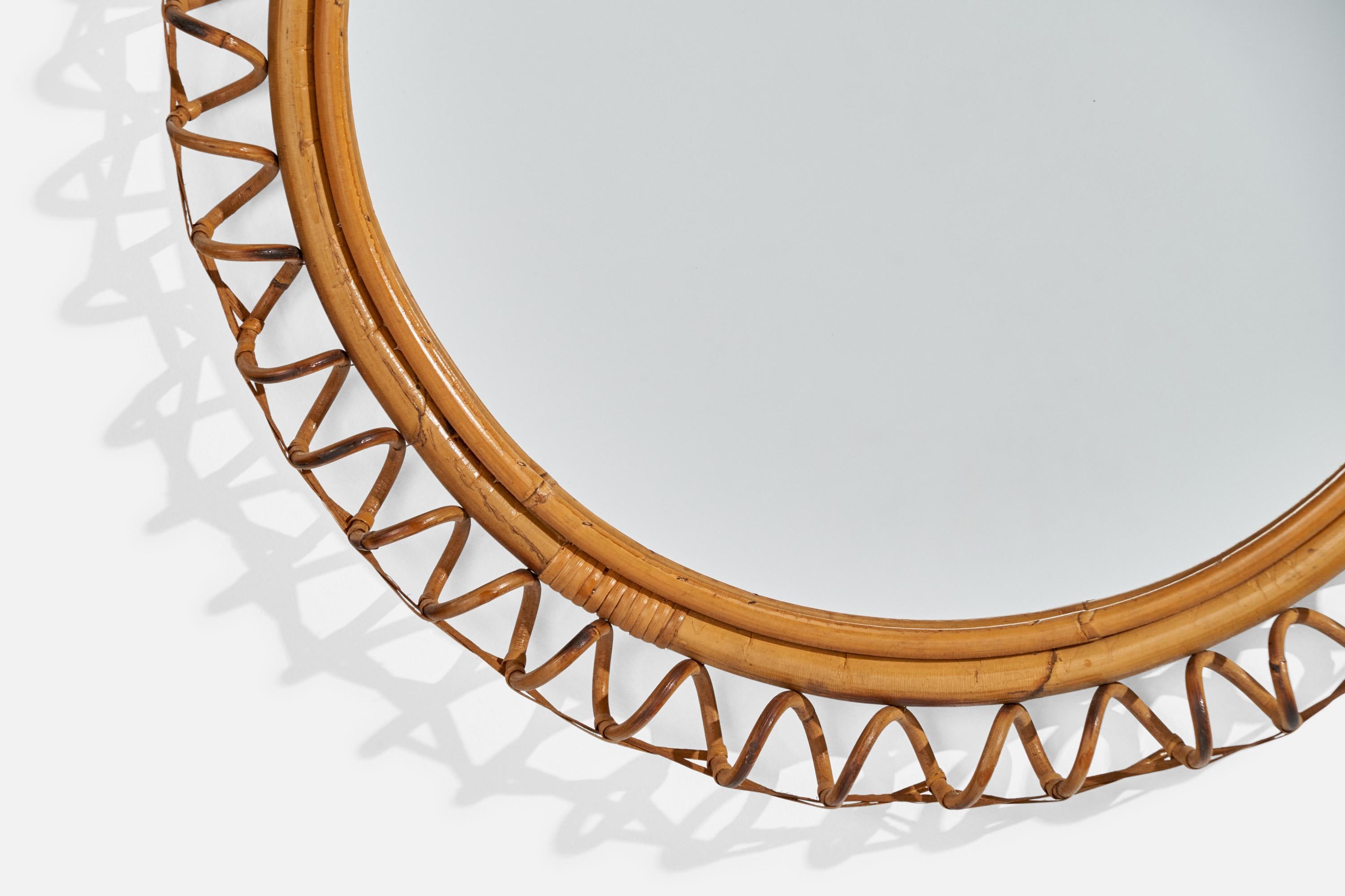 Mid-20th Century Italian Designer, Circular Wall Mirror, Rattan, Bamboo, Mirror, Italy, c. 1950s For Sale