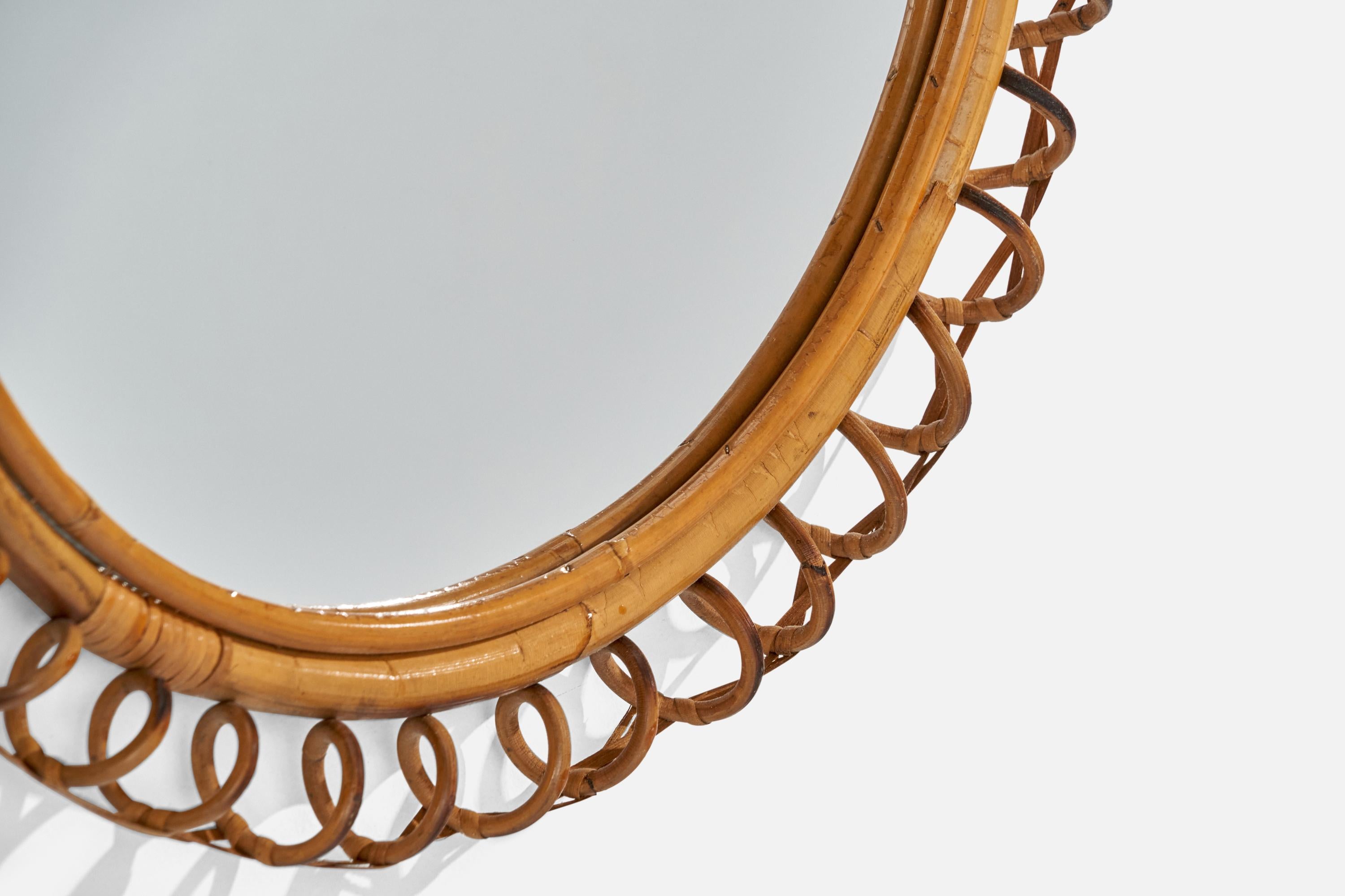 Italian Designer, Circular Wall Mirror, Rattan, Bamboo, Mirror, Italy, c. 1950s For Sale 1