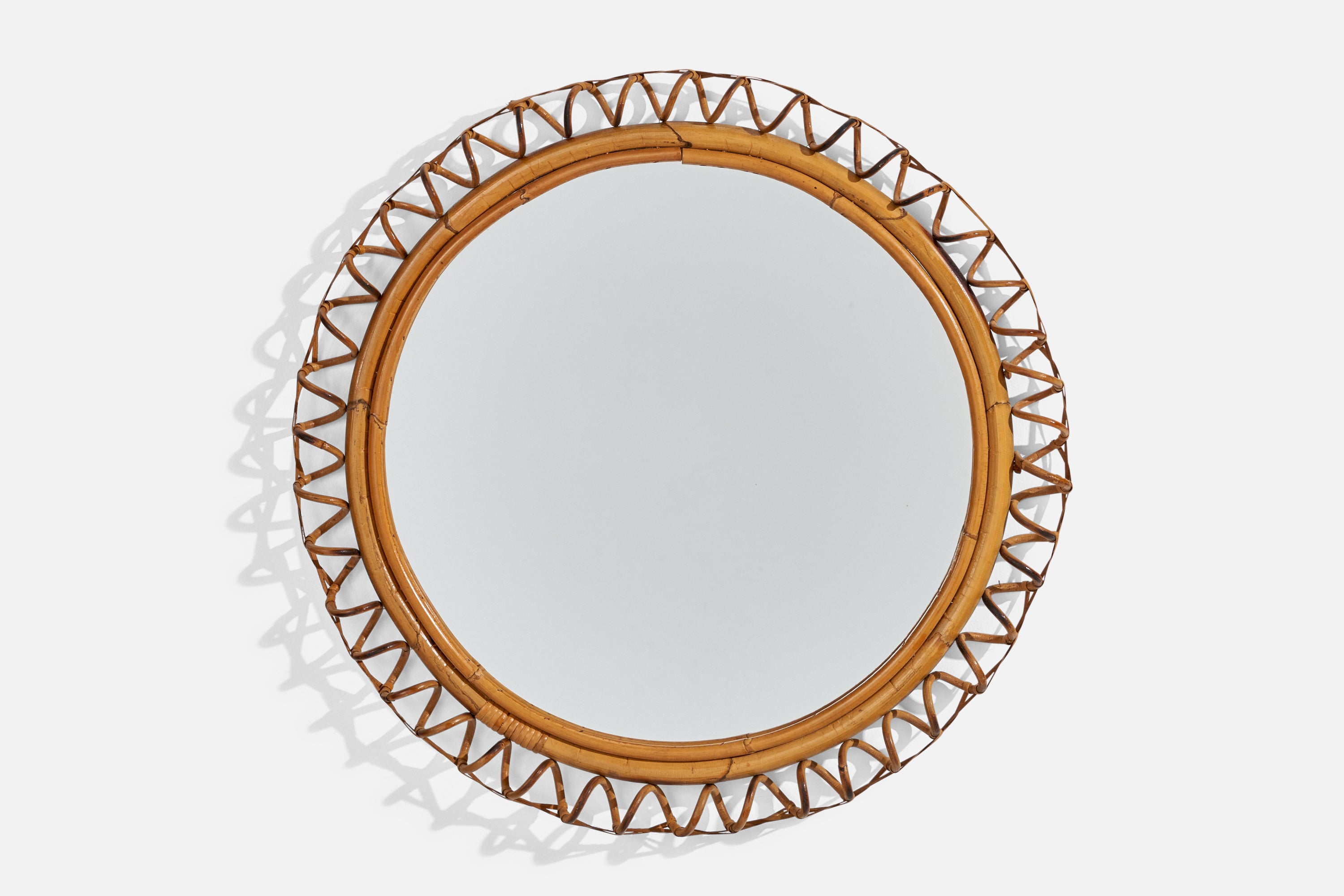Italian Designer, Circular Wall Mirror, Rattan, Bamboo, Mirror, Italy, c. 1950s For Sale