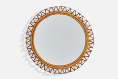 Vintage Italian Designer, Circular Wall Mirror, Rattan, Bamboo, Mirror, Italy, c. 1950s