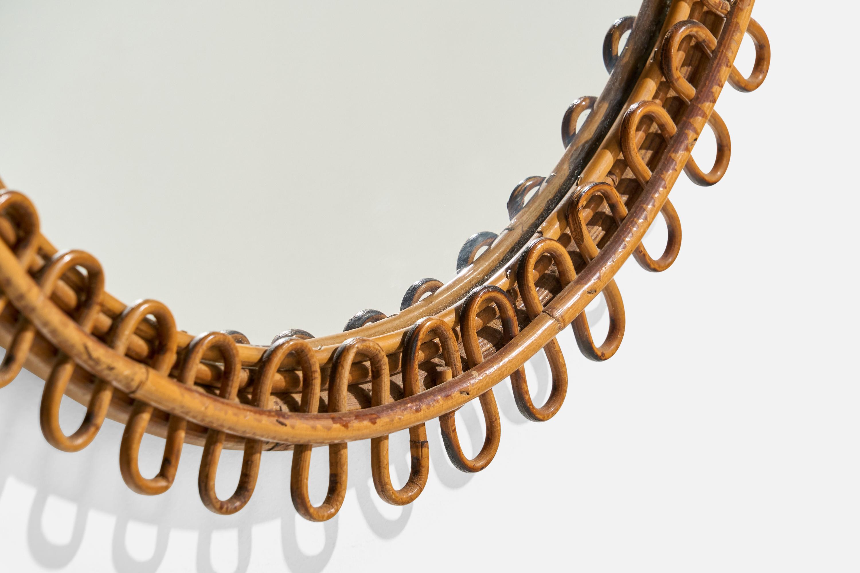 Diseñador italiano, Espejo de pared circular, ratán, cristal de espejo, Italia, S. 1950 en venta 1