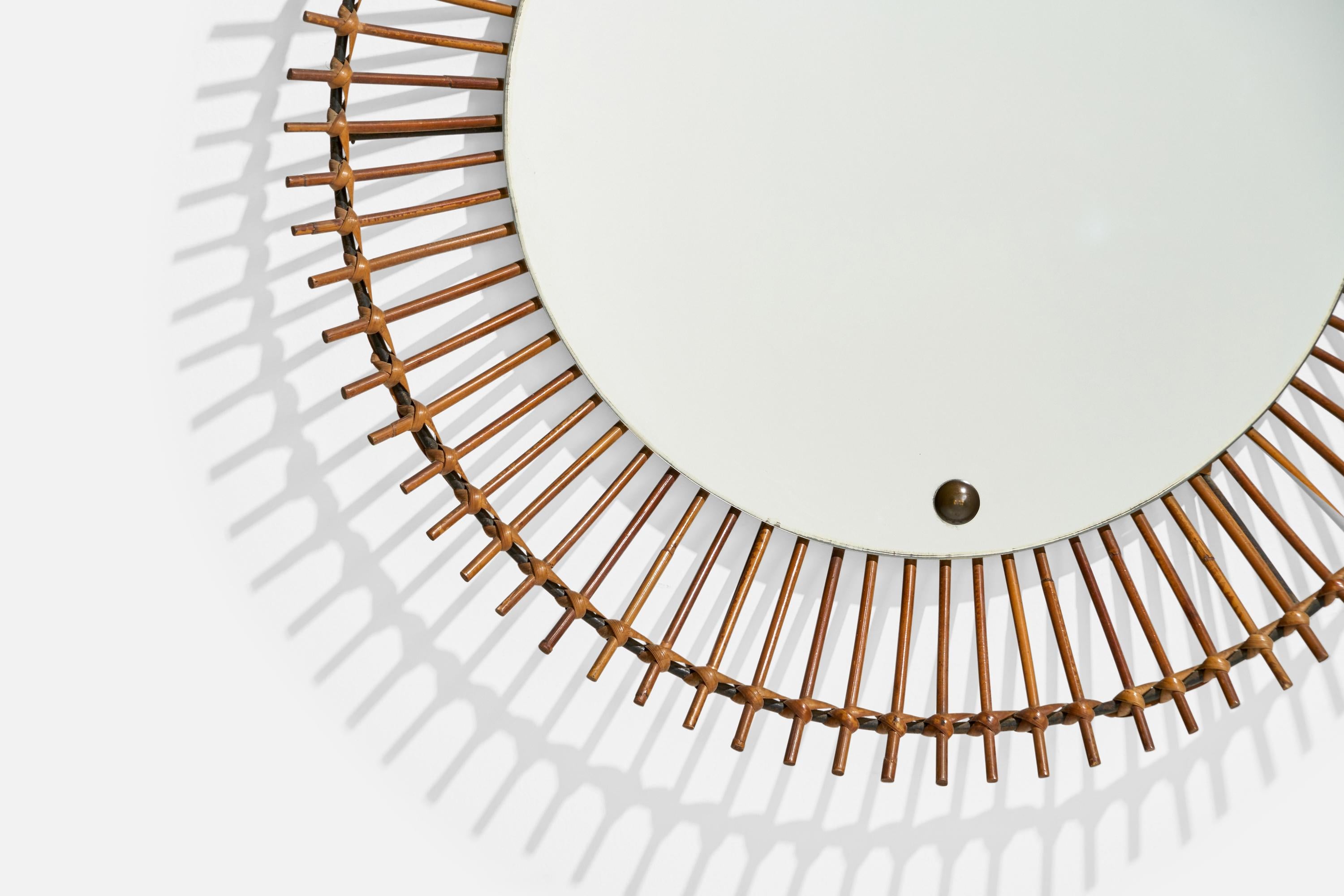 Italian Designer, Circular Wall Mirror, Rattan, Mirror Glass, Italy, C. 1950s For Sale 3