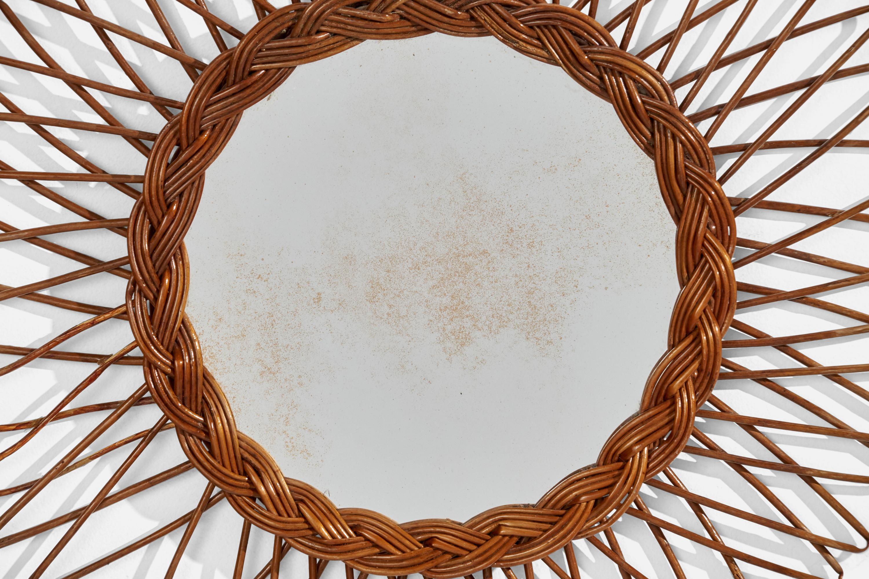 Italian Designer, Circular Wall Mirror, Rattan, Mirror Glass, Italy, c. 1950s In Good Condition For Sale In High Point, NC