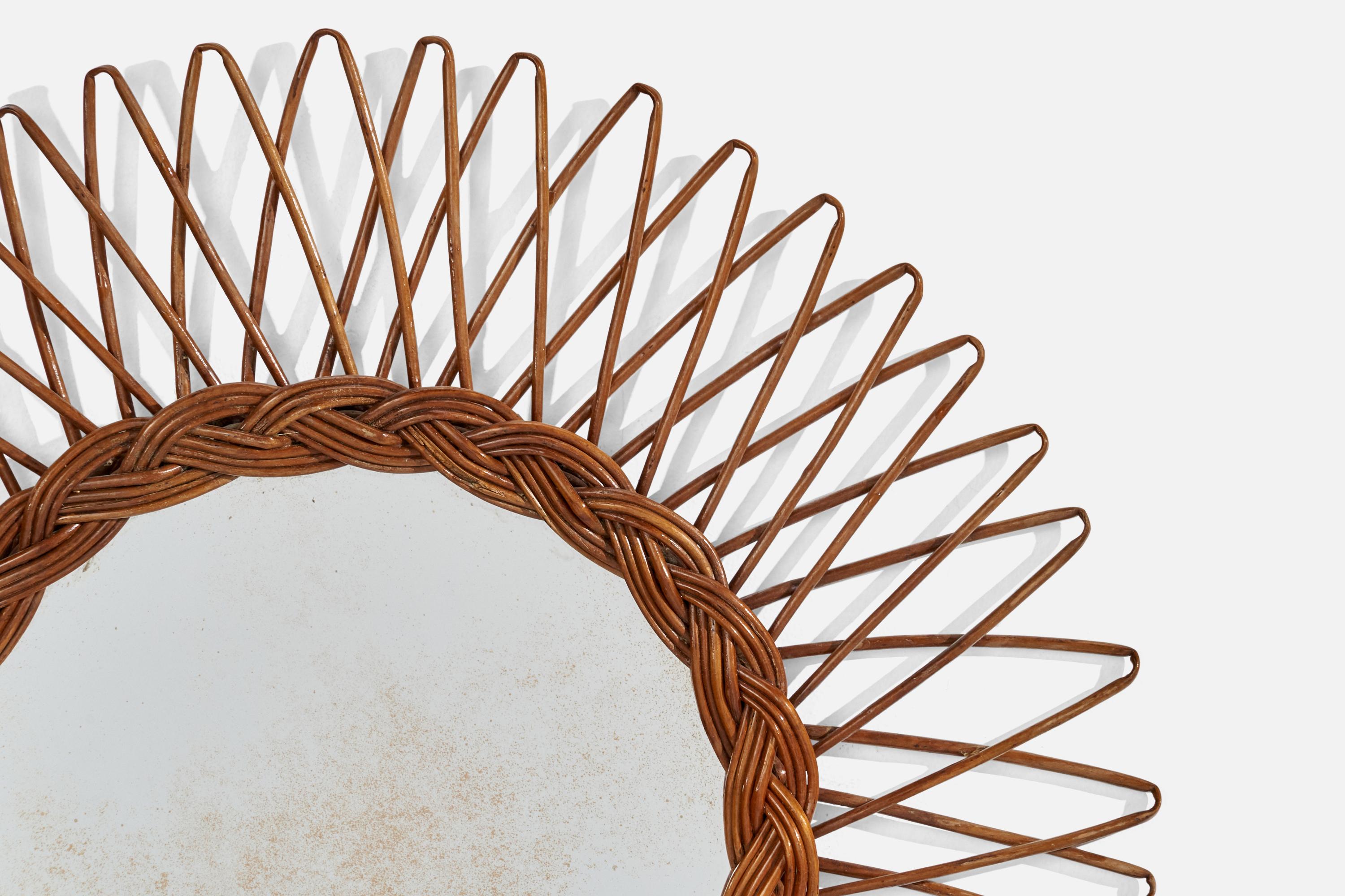 Italienischer Designer, runder Wandspiegel, Rattan, Spiegelglas, Italien, ca. 1950er Jahre im Angebot 1