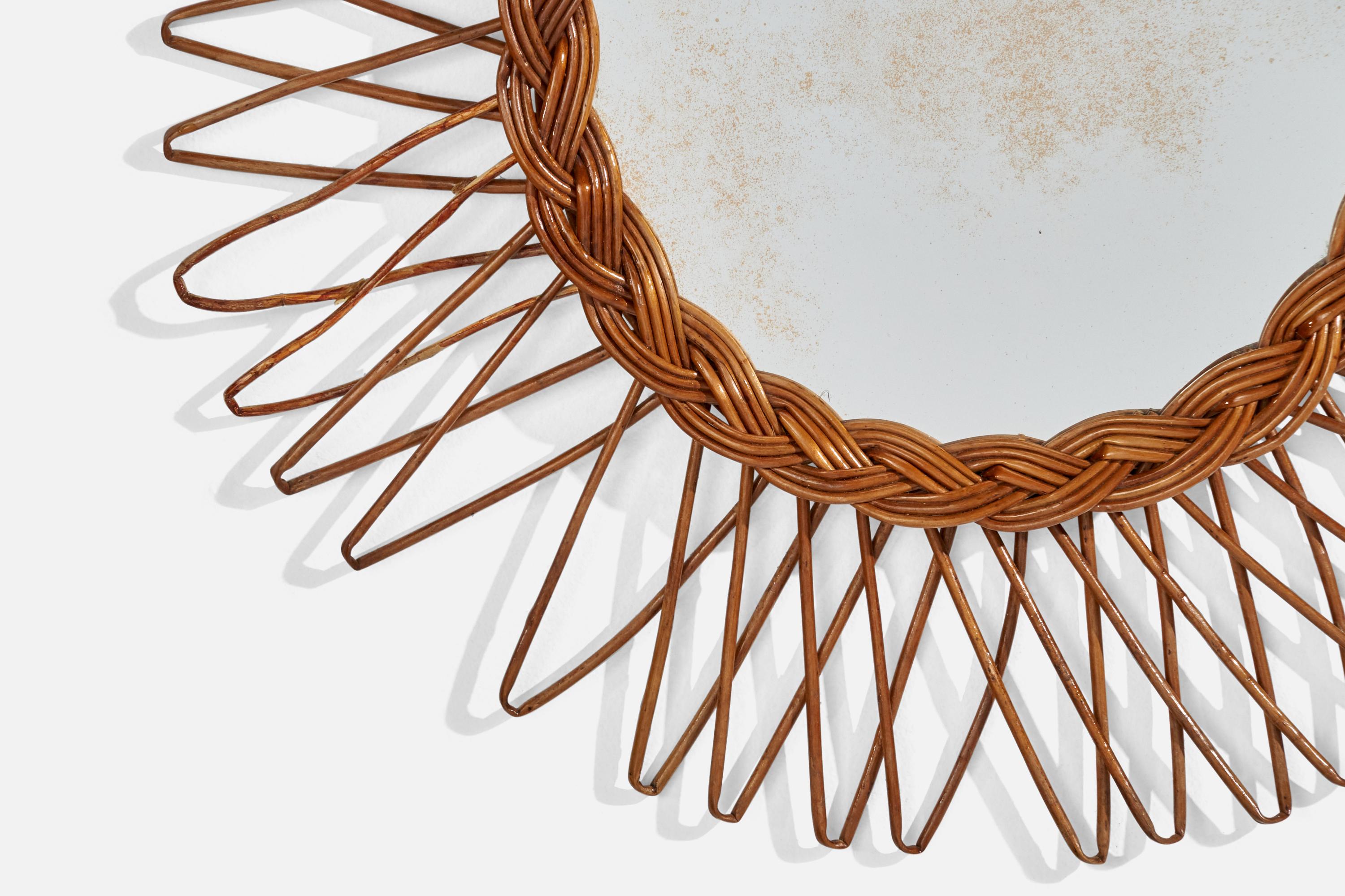Italienischer Designer, runder Wandspiegel, Rattan, Spiegelglas, Italien, ca. 1950er Jahre im Angebot 2