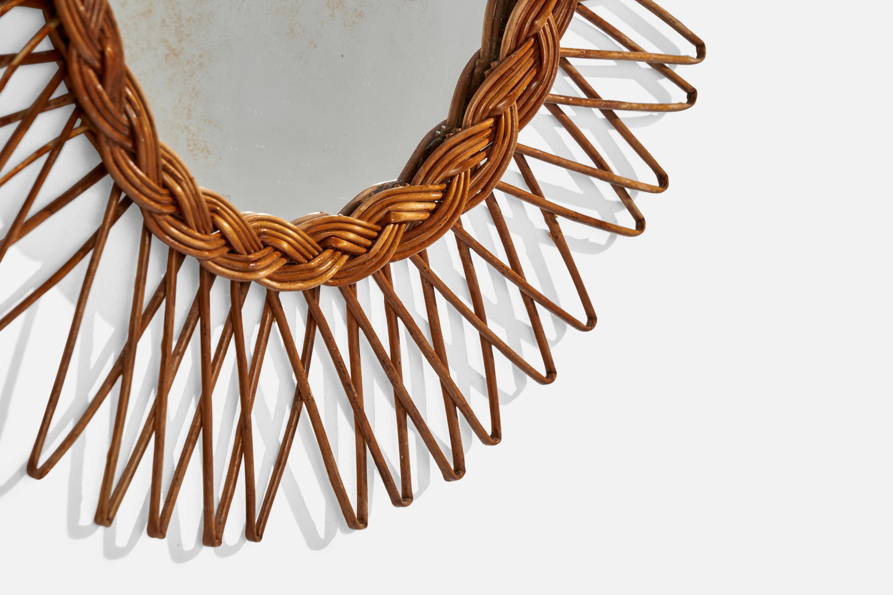 Italienischer Designer, runder Wandspiegel, Rattan, Spiegelglas, Italien, ca. 1950er Jahre im Angebot 3