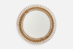 Italienischer italienischer Designer, runder Wandspiegel, Rattan, Spiegelglas, Italien, ca. 1950er Jahre