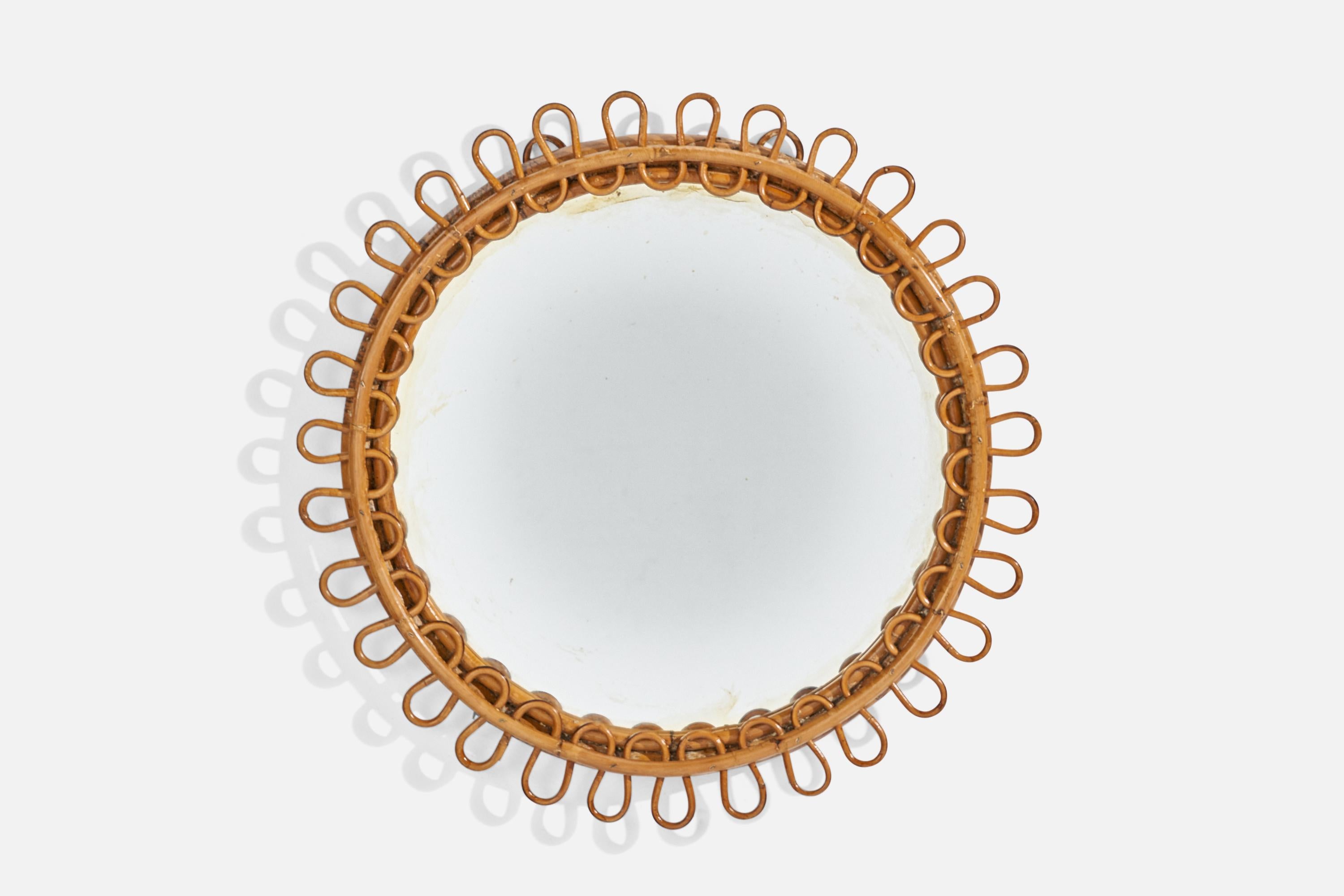 Mid-Century Modern Italian Designer, Circular Wall Mirror, Rattan, Mirror Glass, Italy, C. 1950s For Sale