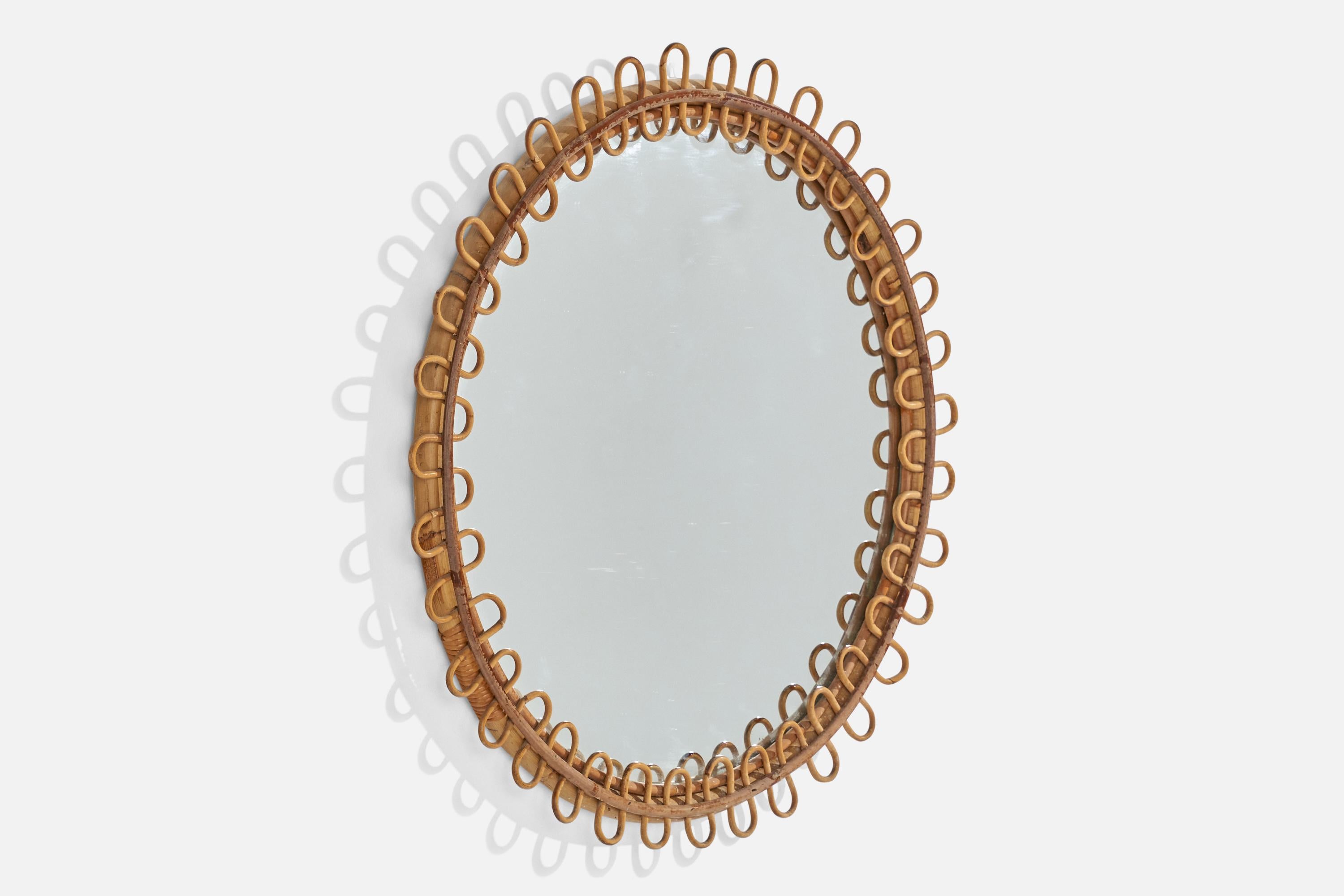 Mid-Century Modern Italian Designer, Circular Wall Mirror, Rattan, Mirror Glass, Italy, c. 1950s For Sale