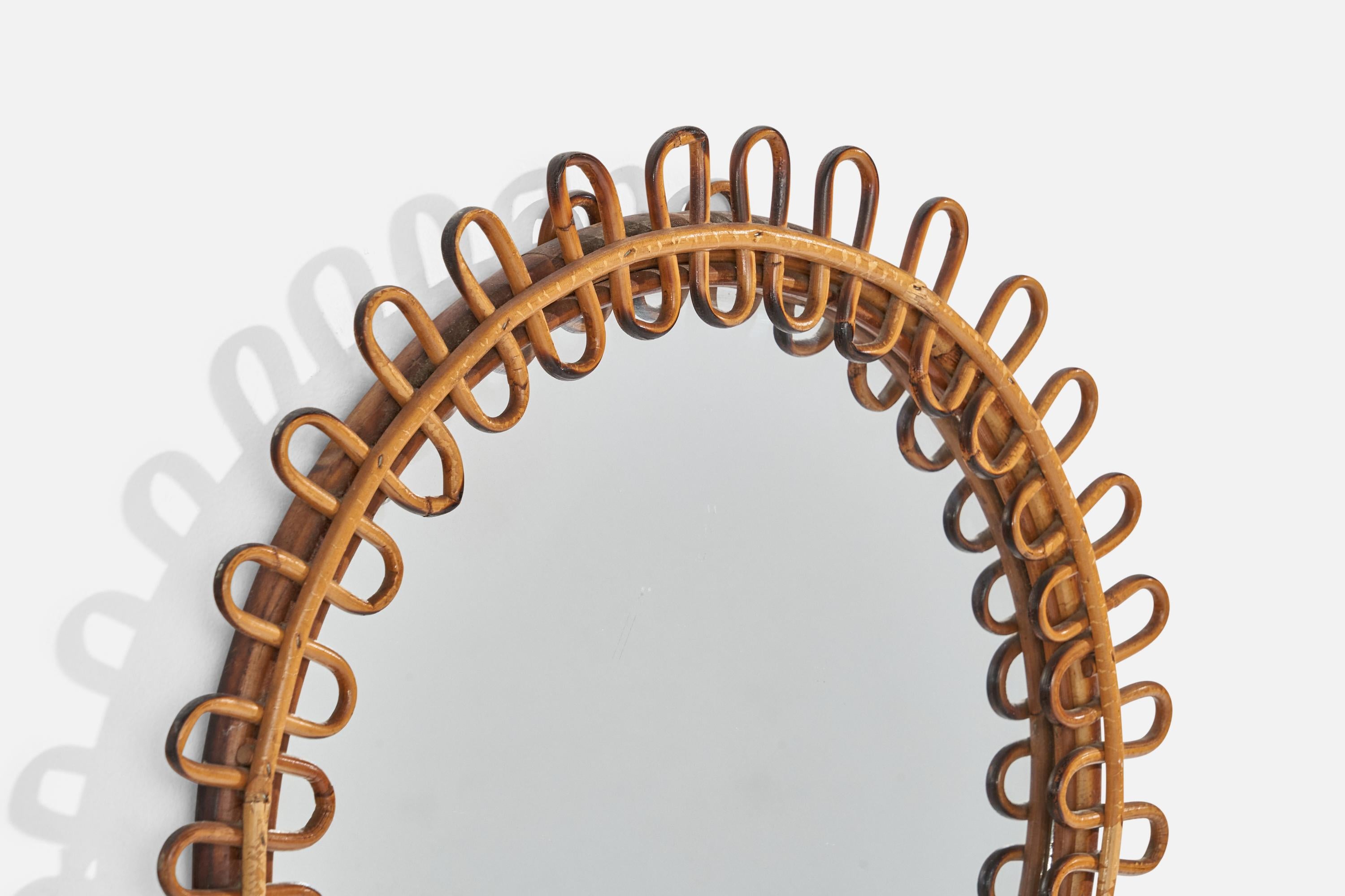 Italian Designer, Circular Wall Mirror, Rattan, Mirror Glass, Italy, c. 1950s In Good Condition For Sale In High Point, NC