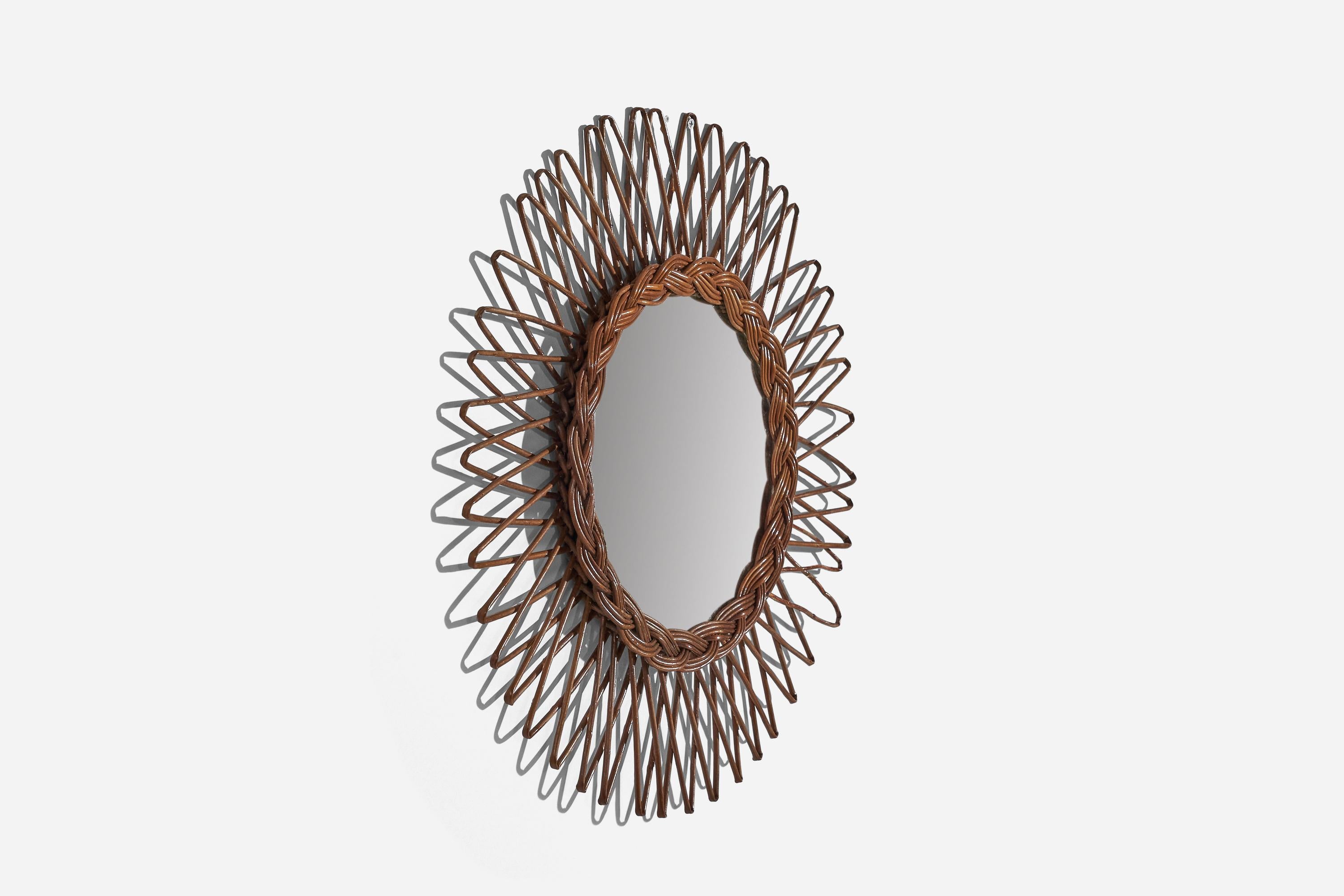 Mid-20th Century Italian Designer, Circular Wall Mirror, Rattan, Mirror Glass, Italy, c. 1950s For Sale