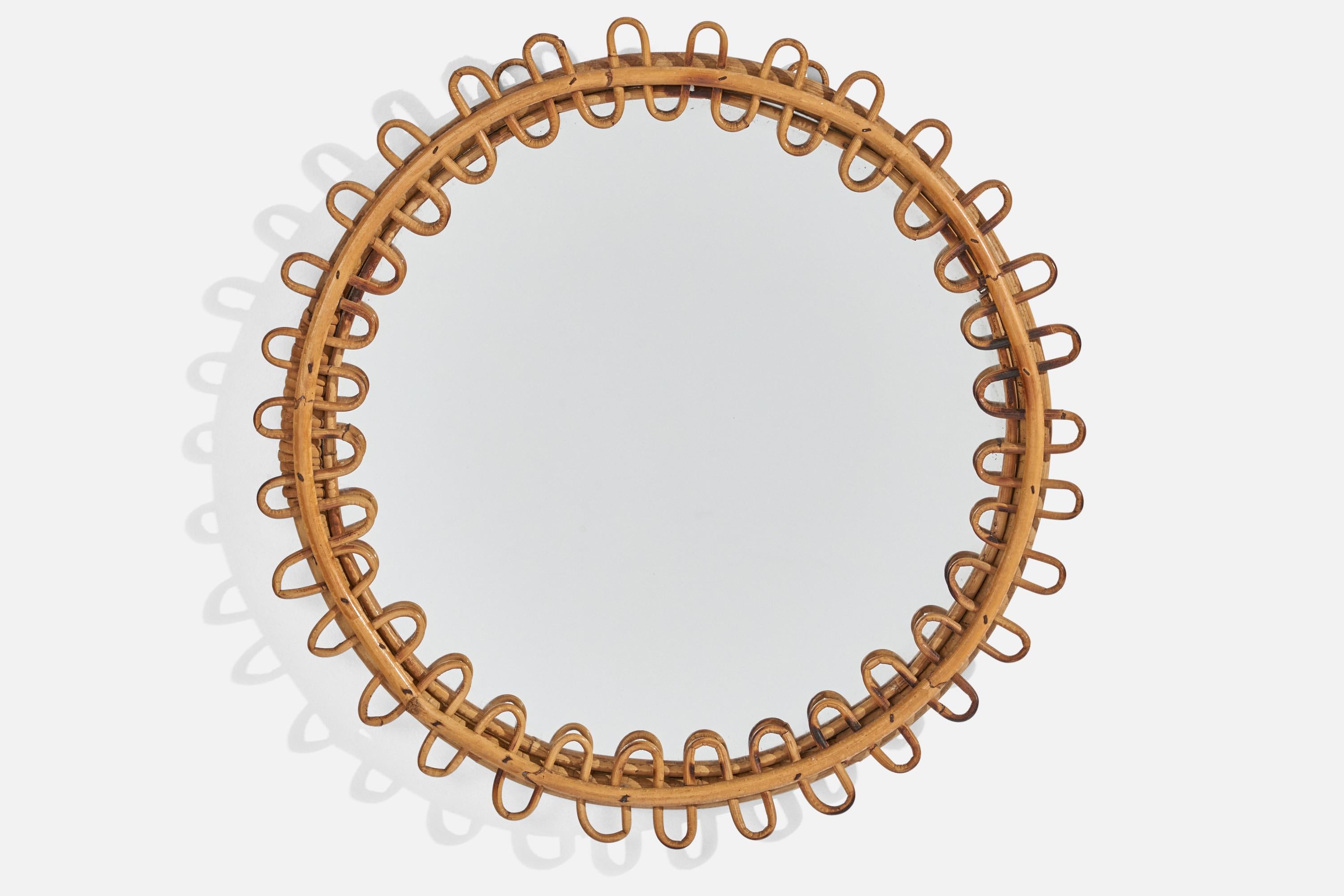 Mid-Century Modern Italian Designer, Circular Wall Mirror, Rattan, Mirror Glass, Italy, c. 1950s For Sale