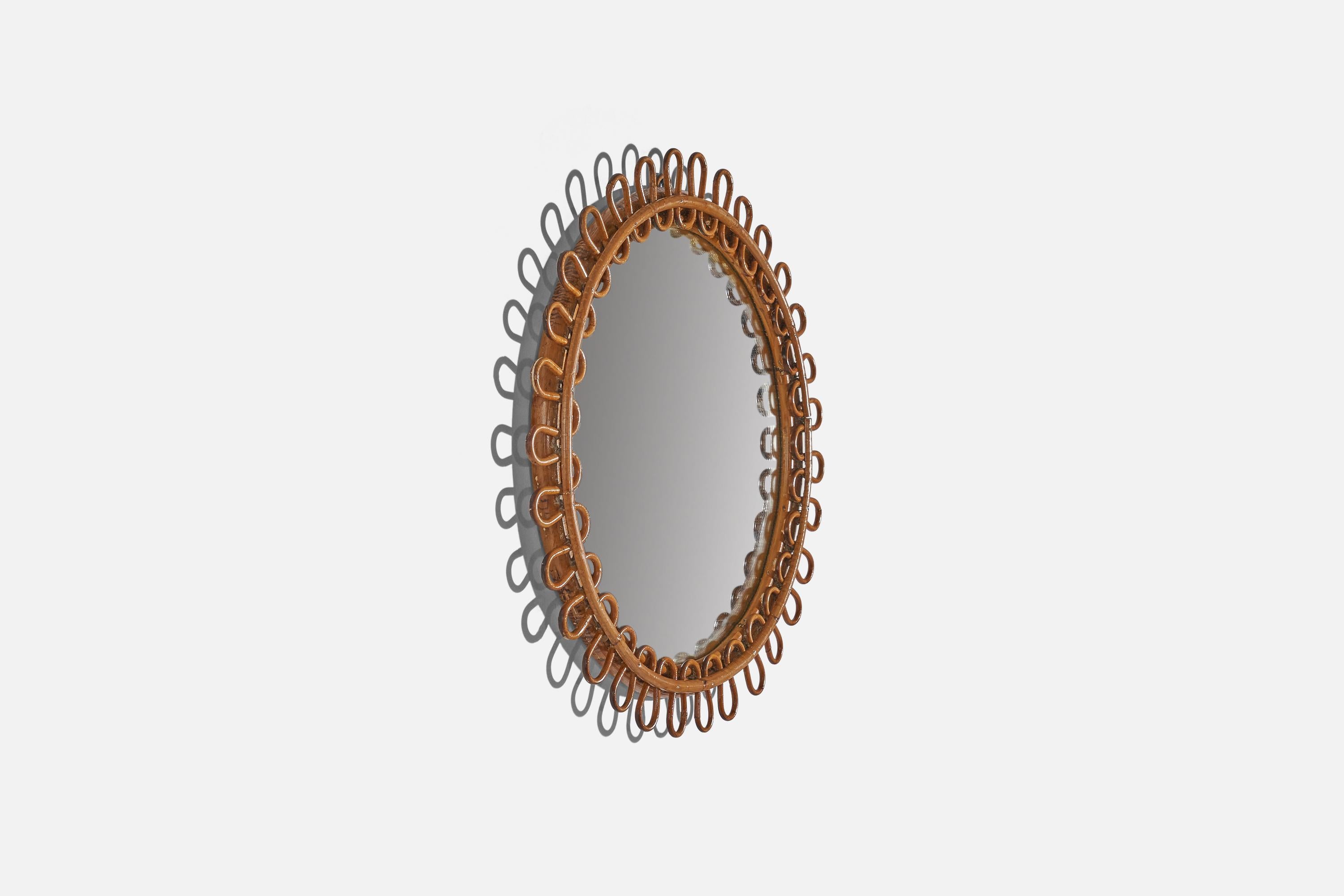 Mid-20th Century Italian Designer, Circular Wall Mirror, Rattan, Mirror Glass, Italy, C. 1950s For Sale