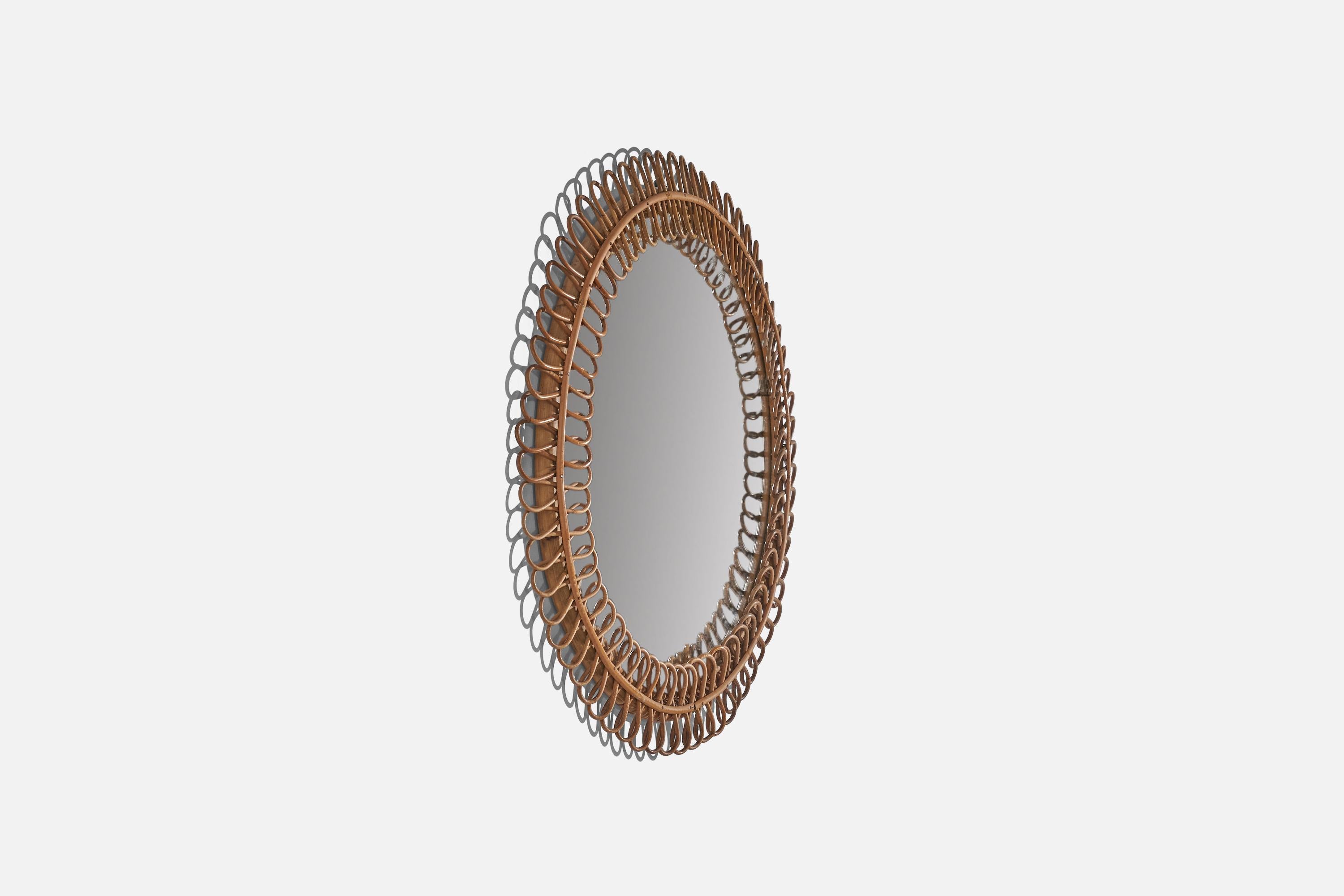 Mid-20th Century Italian Designer, Circular Wall Mirror, Rattan, Mirror Glass, Italy, c. 1950s For Sale