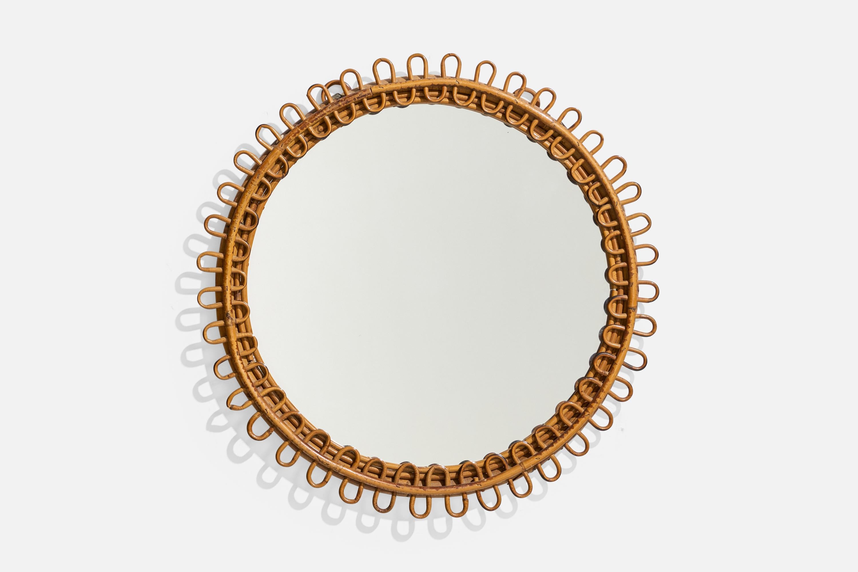 Diseñador italiano, Espejo de pared circular, ratán, cristal de espejo, Italia, S. 1950 Moderno de mediados de siglo en venta