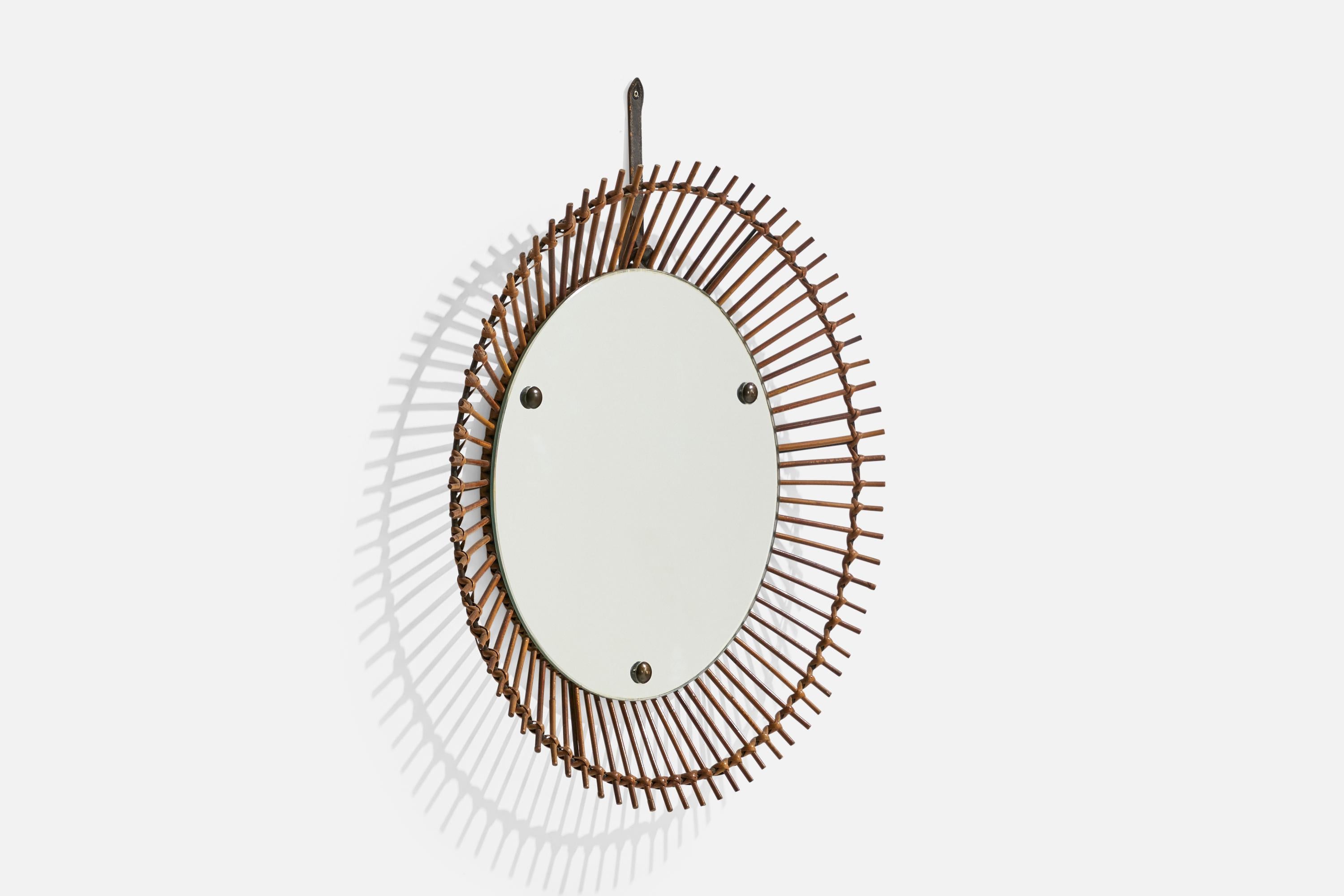 Mid-Century Modern Italian Designer, Circular Wall Mirror, Rattan, Mirror Glass, Italy, C. 1950s For Sale
