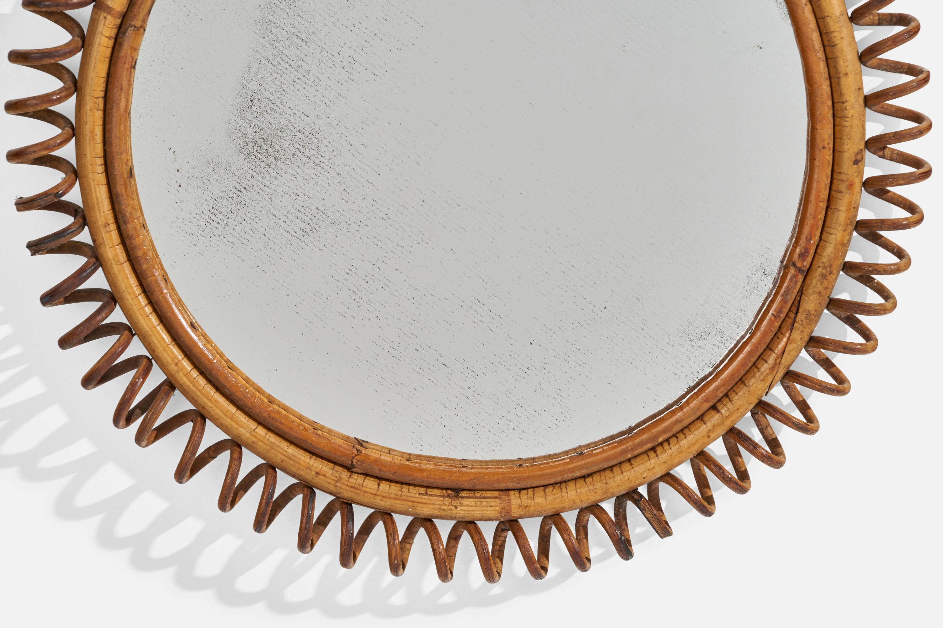 Mid-Century Modern Italian Designer, Circular Wall Mirror, Rattan, Mirror Glass, Italy, C. 1950s For Sale
