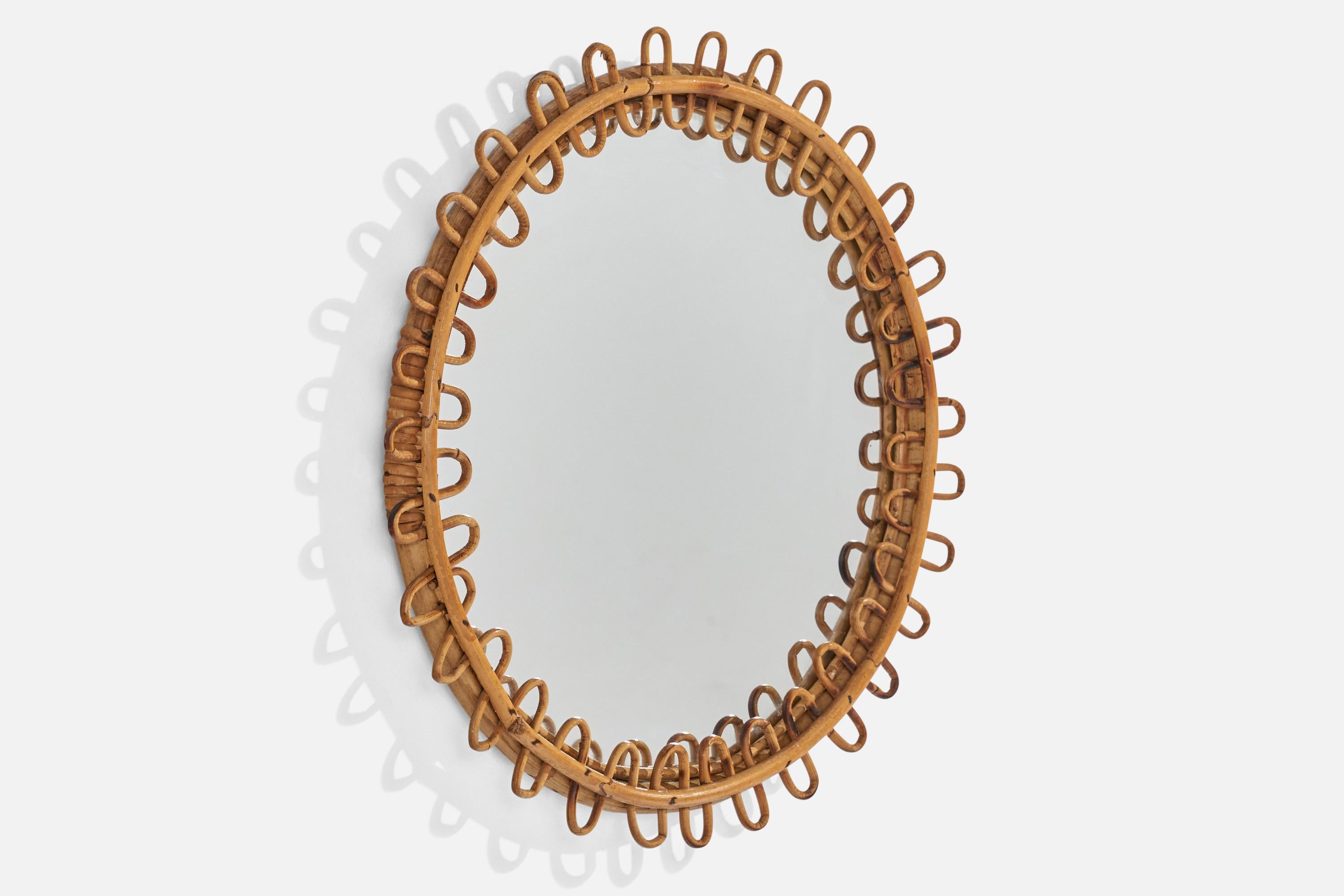 Italian Designer, Circular Wall Mirror, Rattan, Mirror Glass, Italy, c. 1950s In Good Condition For Sale In High Point, NC