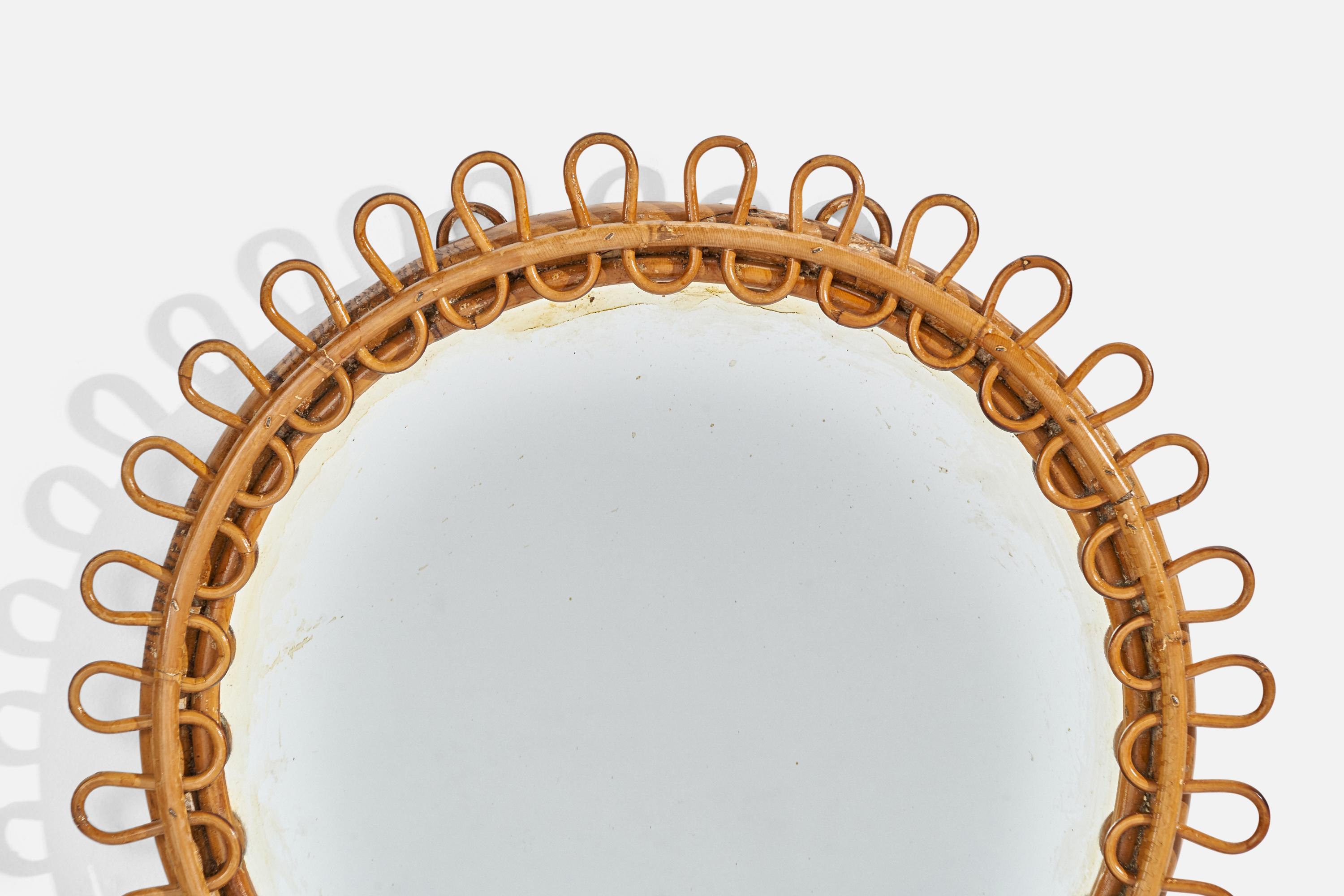Italian Designer, Circular Wall Mirror, Rattan, Mirror Glass, Italy, C. 1950s For Sale 1