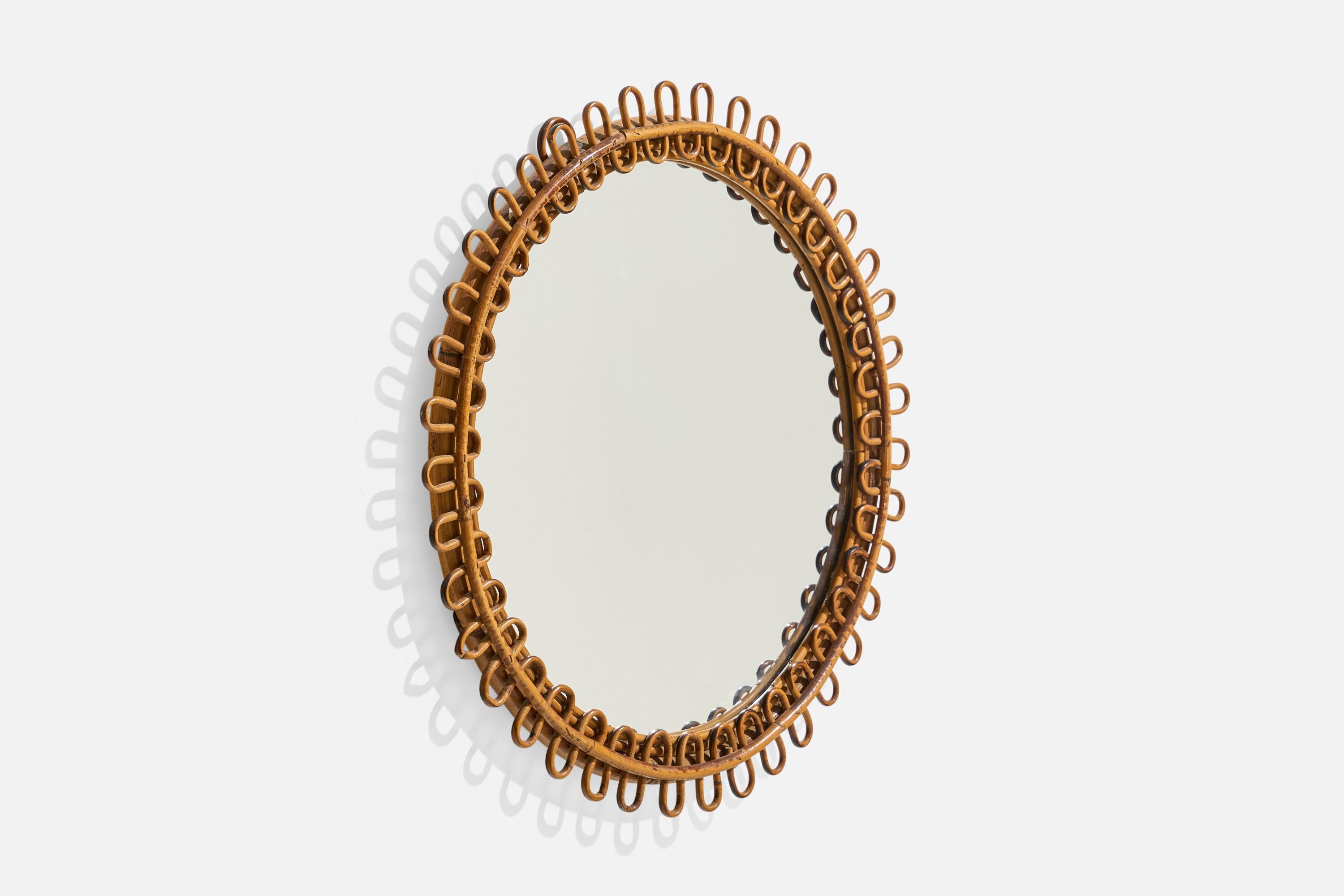 Diseñador italiano, Espejo de pared circular, ratán, cristal de espejo, Italia, S. 1950 Italiano en venta