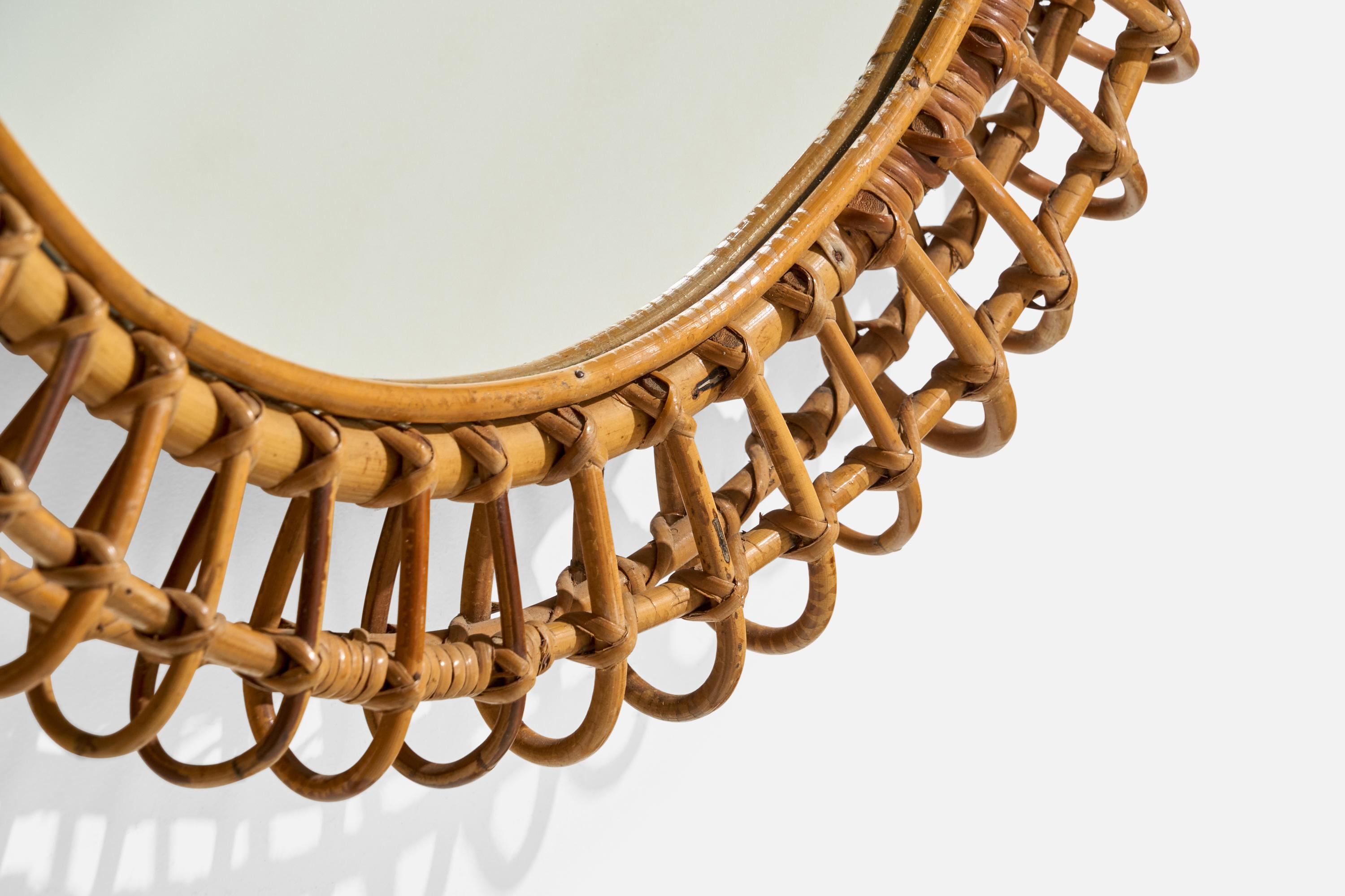 Italienischer italienischer Designer, runder Wandspiegel, Rattan, Spiegelglas, Italien, ca. 1950er Jahre im Angebot 2