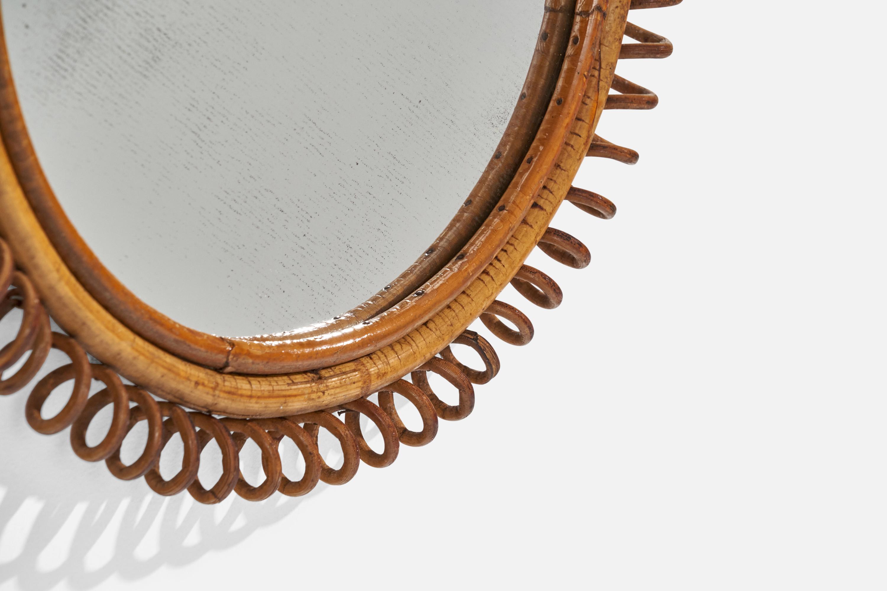 Italian Designer, Circular Wall Mirror, Rattan, Mirror Glass, Italy, C. 1950s In Good Condition For Sale In High Point, NC