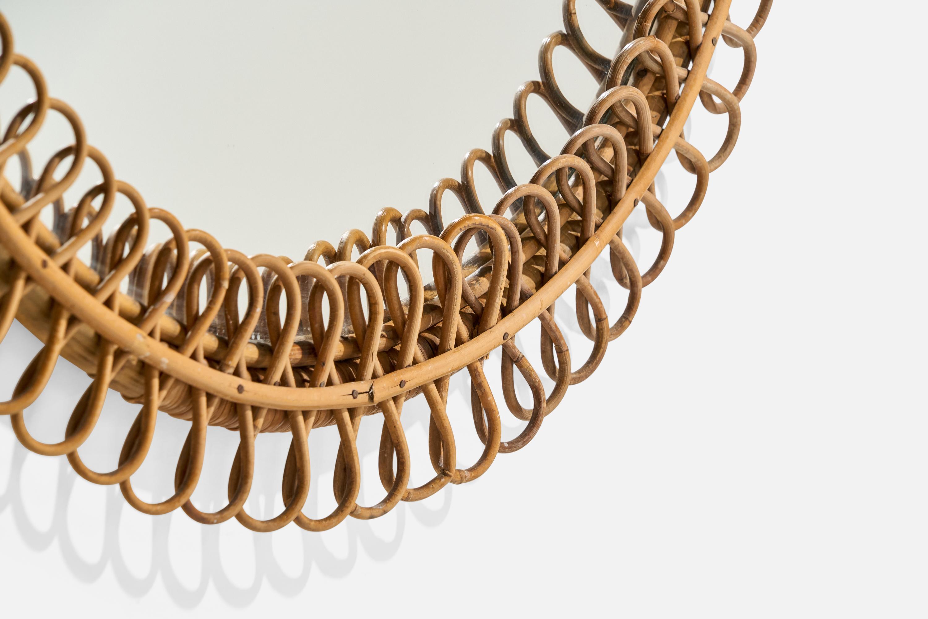 Diseñador italiano, Espejo de pared circular, ratán, cristal de espejo, Italia, c. 1950 en venta 1