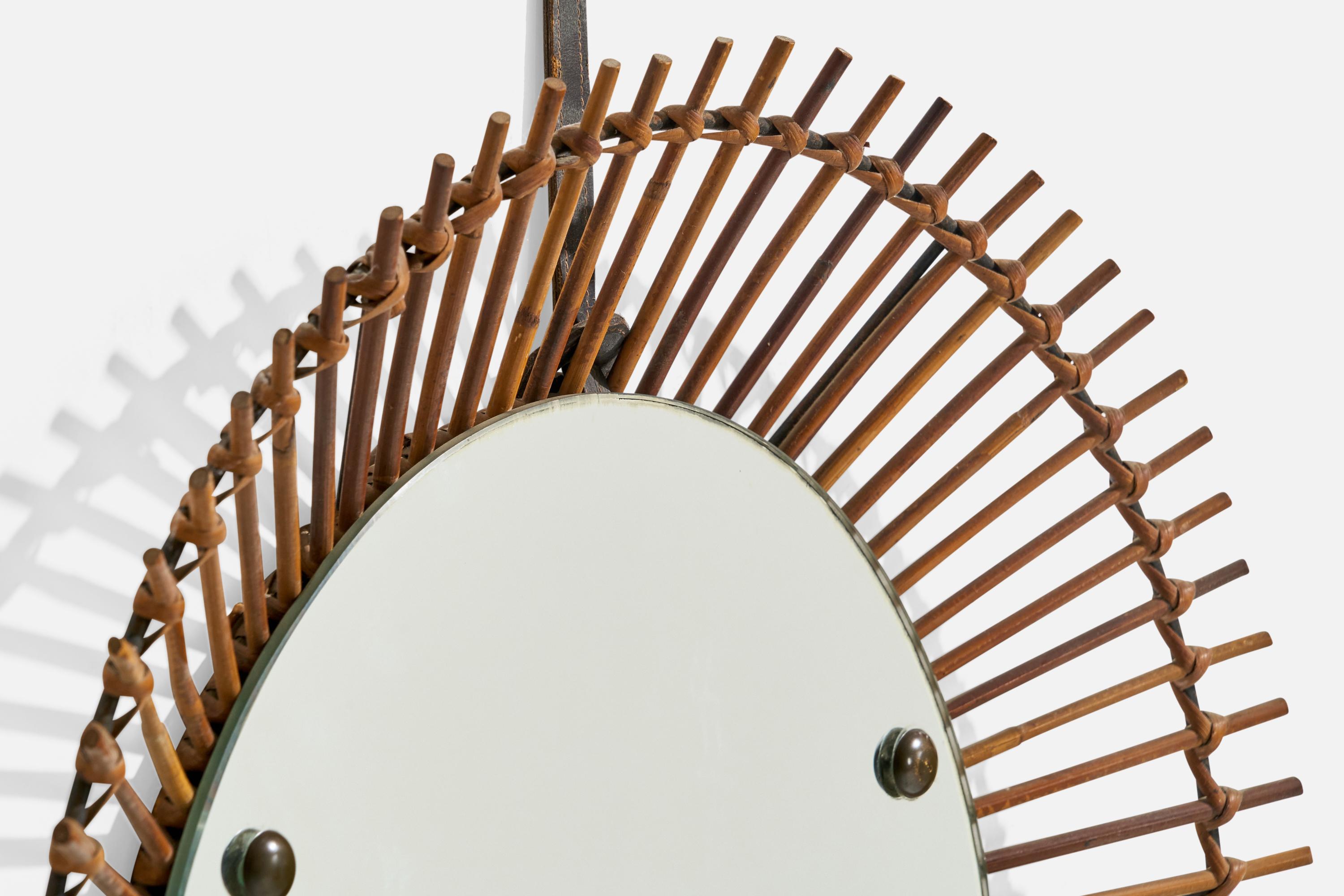 Italian Designer, Circular Wall Mirror, Rattan, Mirror Glass, Italy, C. 1950s For Sale 1