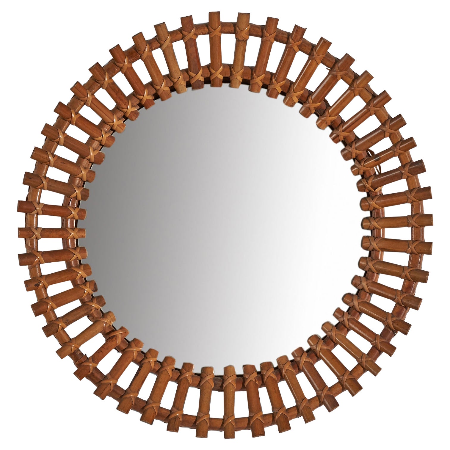 Designer italien, miroir mural circulaire, rotin, verre miroir, Italie, vers les années 1950