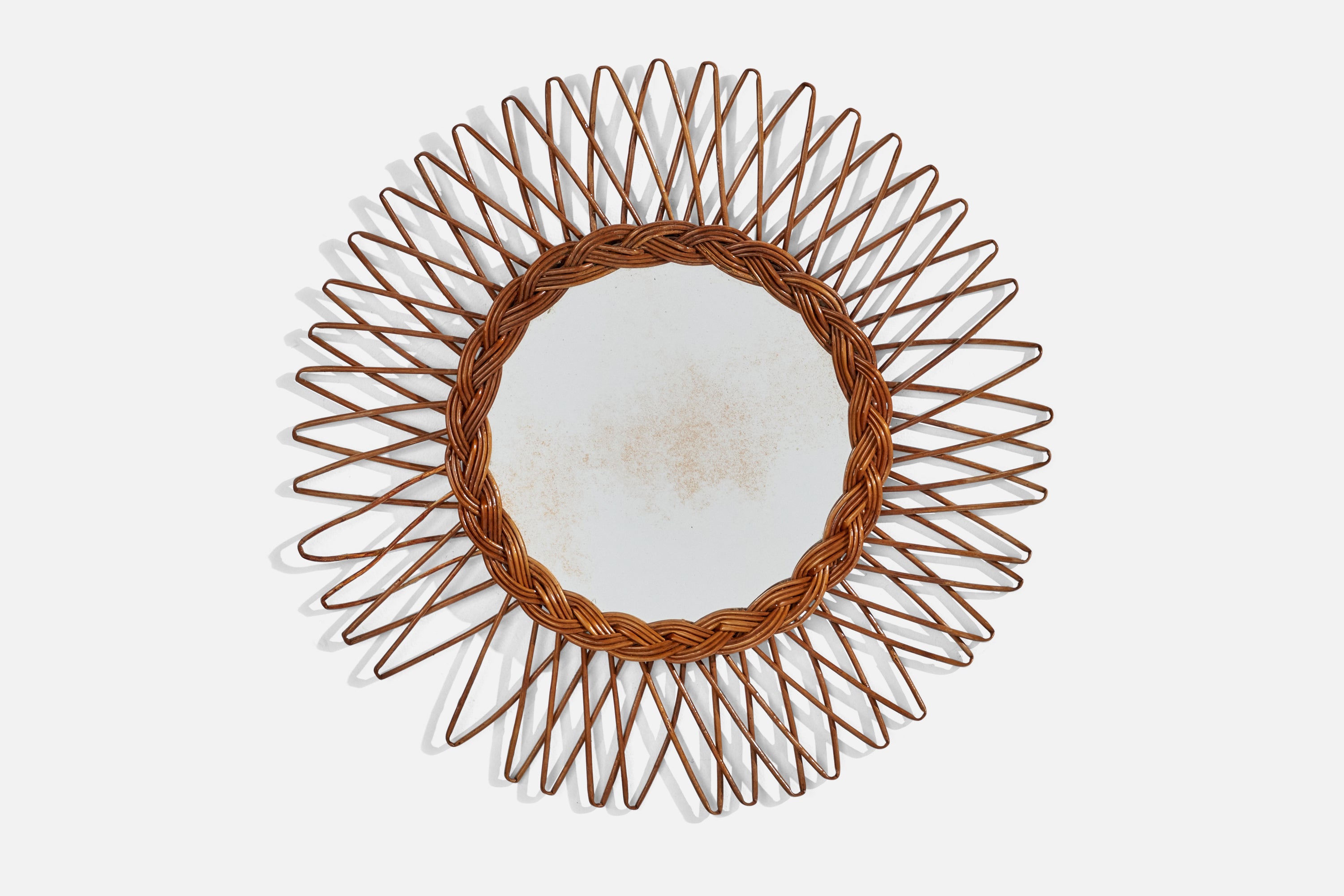 Italienischer Designer, runder Wandspiegel, Rattan, Spiegelglas, Italien, ca. 1950er Jahre im Angebot