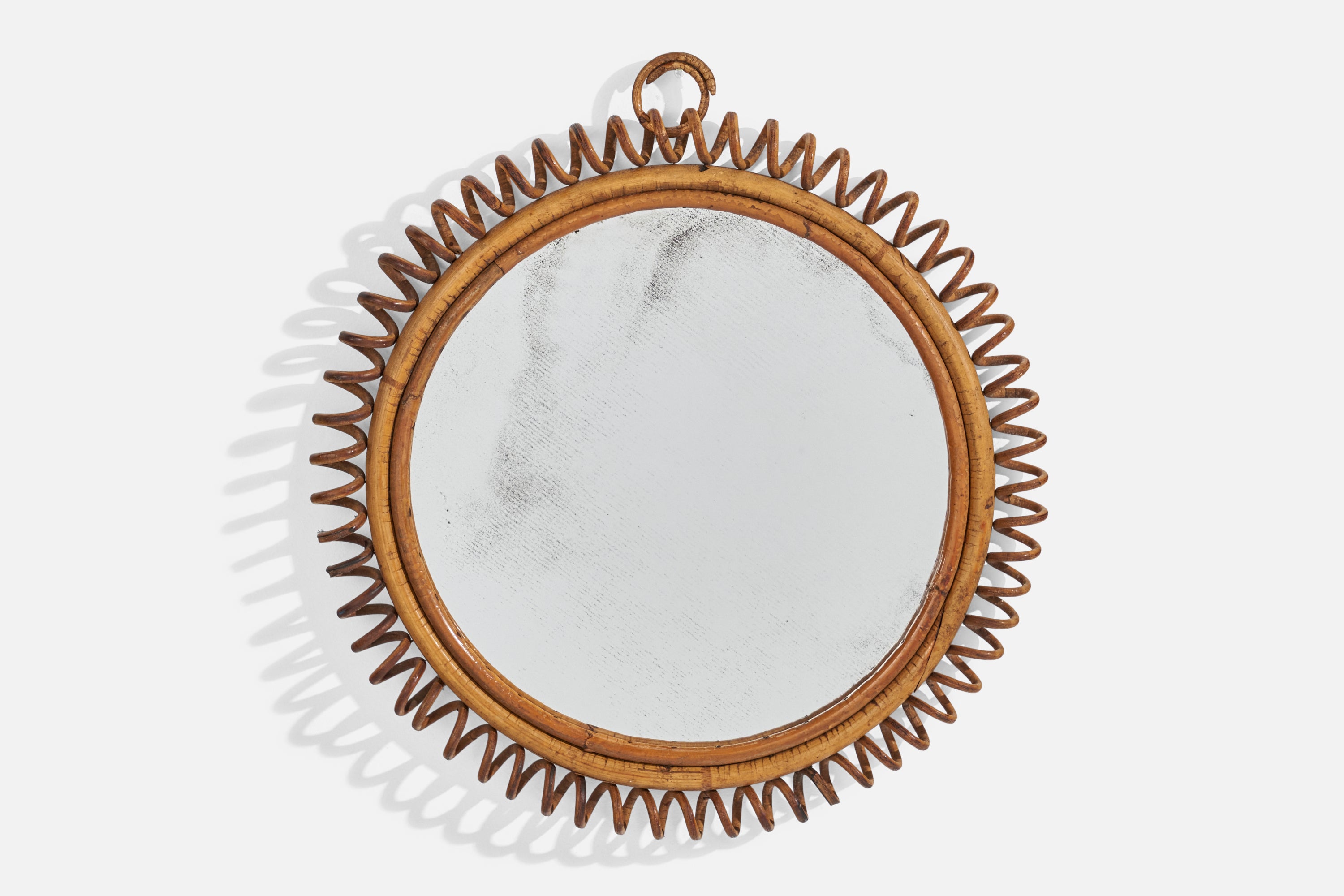 Diseñador italiano, Espejo de pared circular, ratán, cristal de espejo, Italia, S. 1950