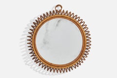Diseñador italiano, Espejo de pared circular, ratán, cristal de espejo, Italia, S. 1950
