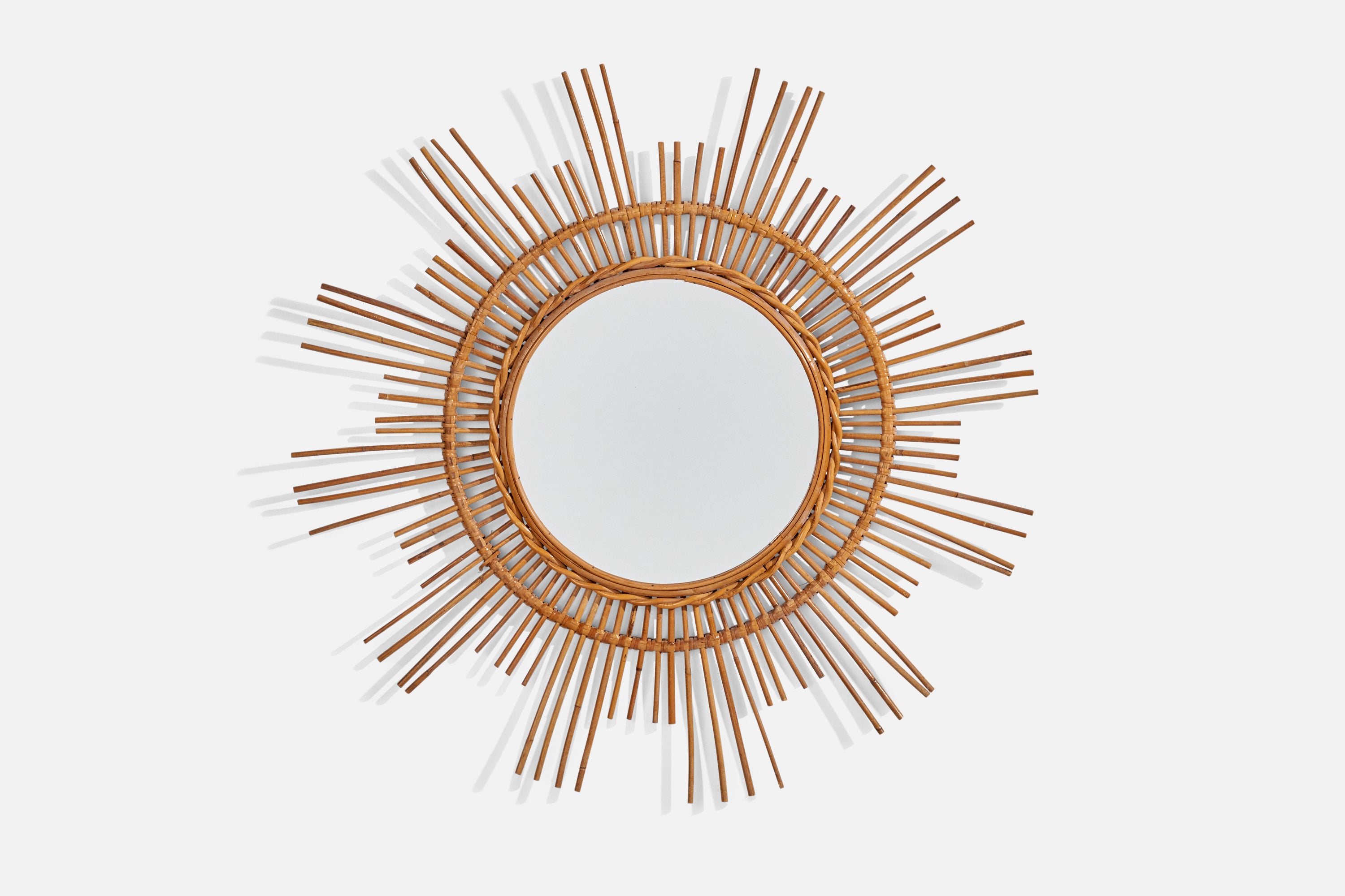 Italian Designer, Circular Wall Mirror, Rattan, Mirror Glass, Italy, c. 1950s