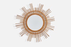 Italian Designer, Circular Wall Mirror, Rattan, Mirror Glass, Italy, c. 1950s