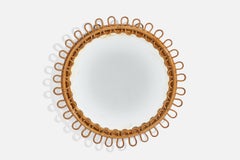 Italienischer italienischer Designer, runder Wandspiegel, Rattan, Spiegelglas, Italien, ca. 1950er Jahre