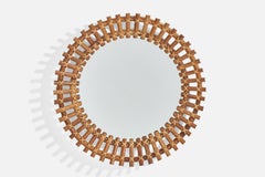 Italienischer Designer, runder Wandspiegel, Rattan, Spiegelglas, Italien, ca. 1950er Jahre