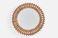 Italian Designer, Circular Wall Mirror, Rattan, Mirror Glass, Italy, C. 1950s