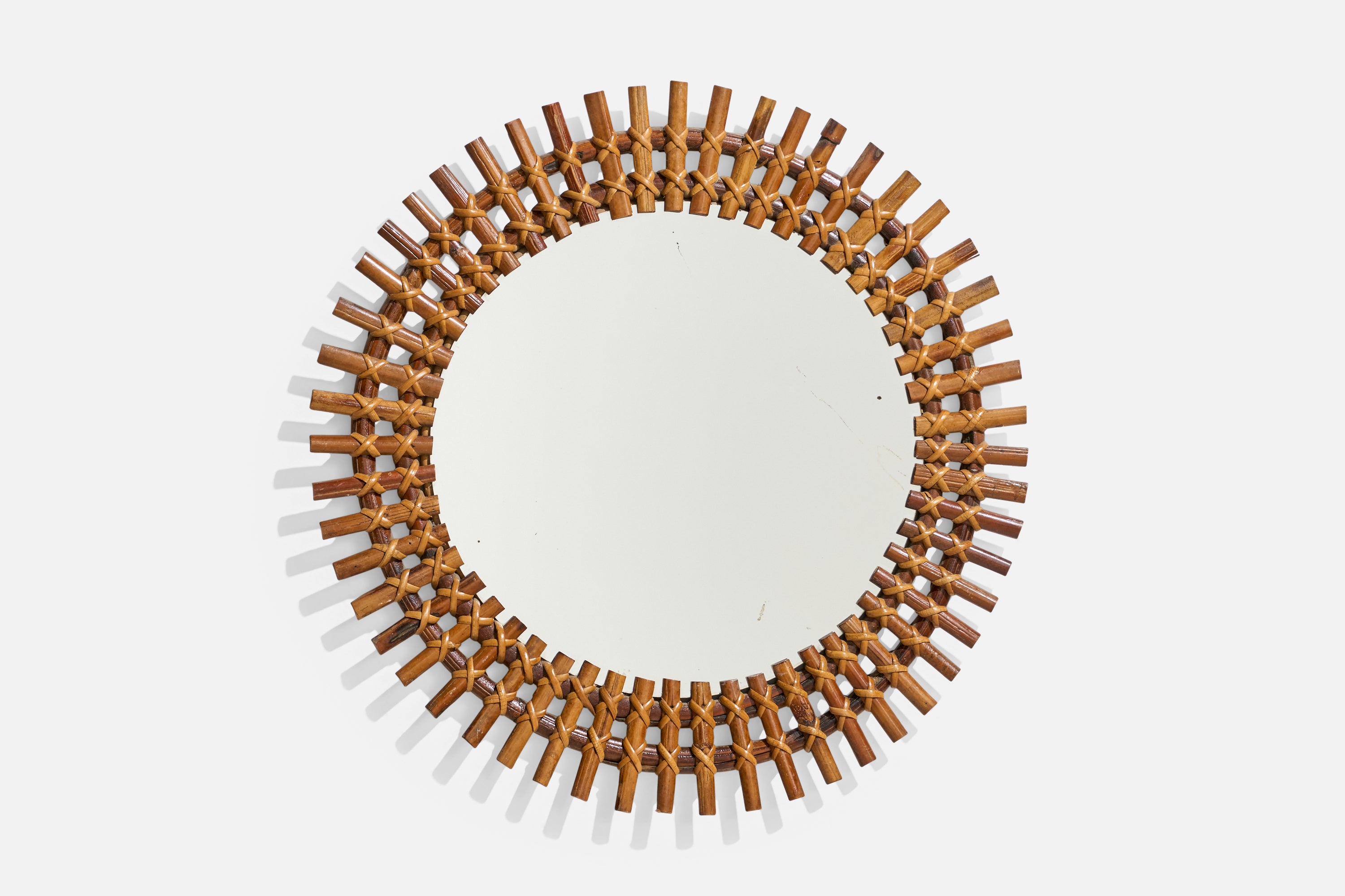 Italienischer italienischer Designer, runder Wandspiegel, Rattan, Spiegelglas, Italien, ca. 1950er Jahre
