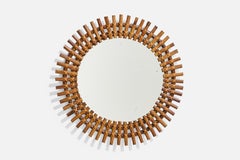 Italienischer italienischer Designer, runder Wandspiegel, Rattan, Spiegelglas, Italien, ca. 1950er Jahre