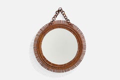 Designer italiano, specchio da parete circolare, rattan, specchio di vetro, Italia, anni '50