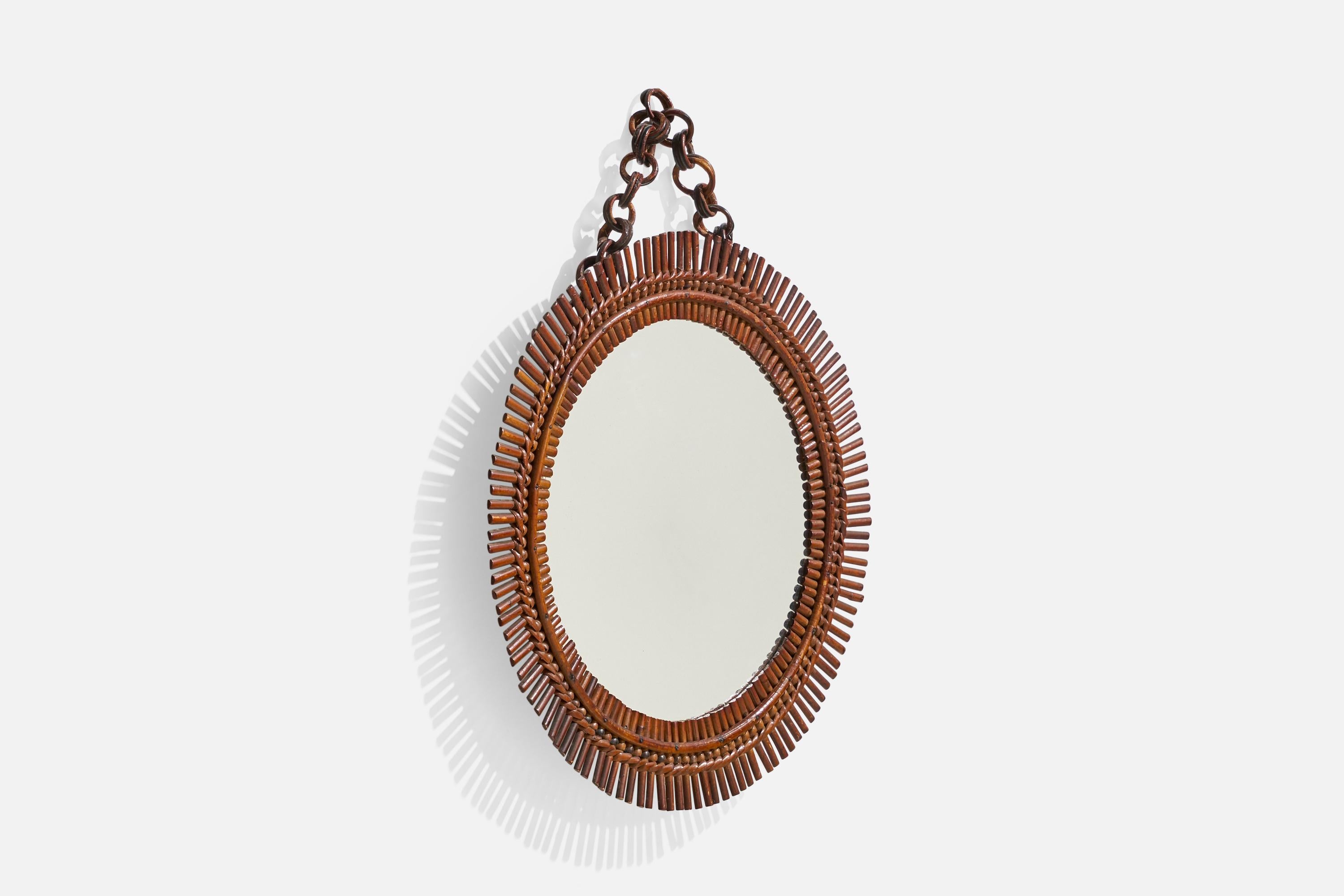 Mid-Century Modern Designer italien, miroir mural circulaire, rotin, verre miroir, Italie, vers les années 1950 en vente