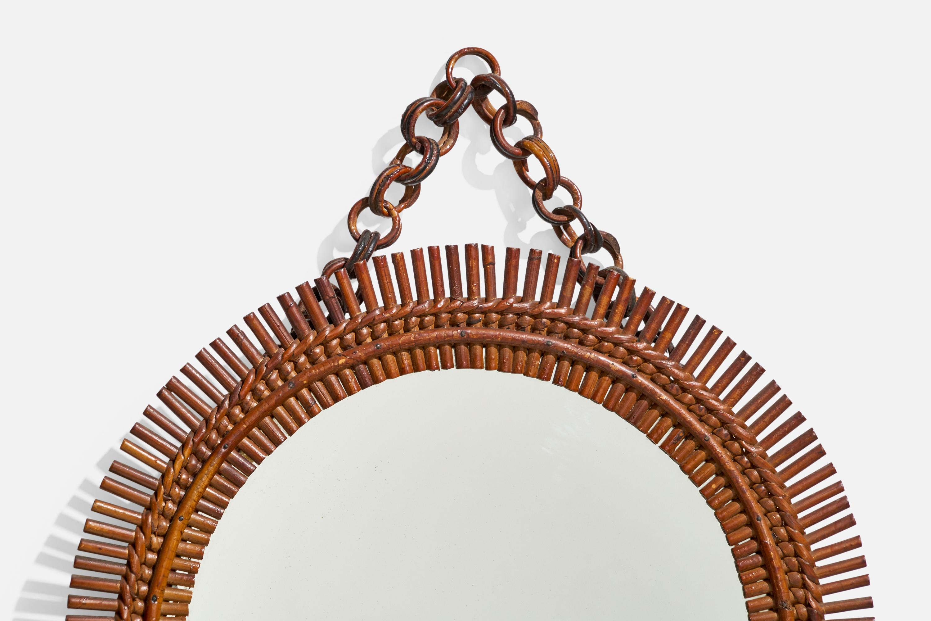 Milieu du XXe siècle Designer italien, miroir mural circulaire, rotin, verre miroir, Italie, vers les années 1950 en vente