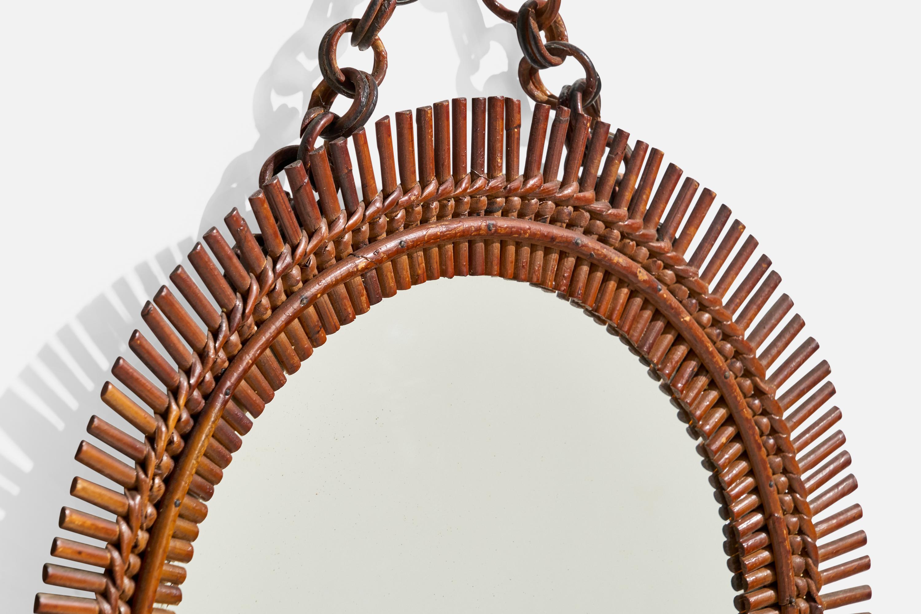 Rotin Designer italien, miroir mural circulaire, rotin, verre miroir, Italie, vers les années 1950 en vente