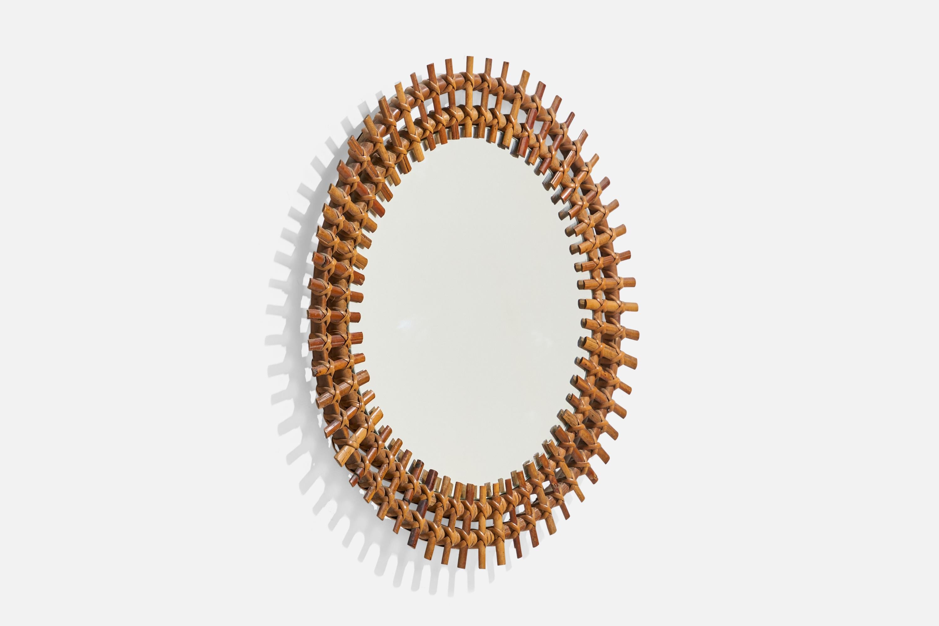 Diseñador italiano, Espejo de pared circular, Ratán, Espejo, Italia, S. 1950 Italiano en venta