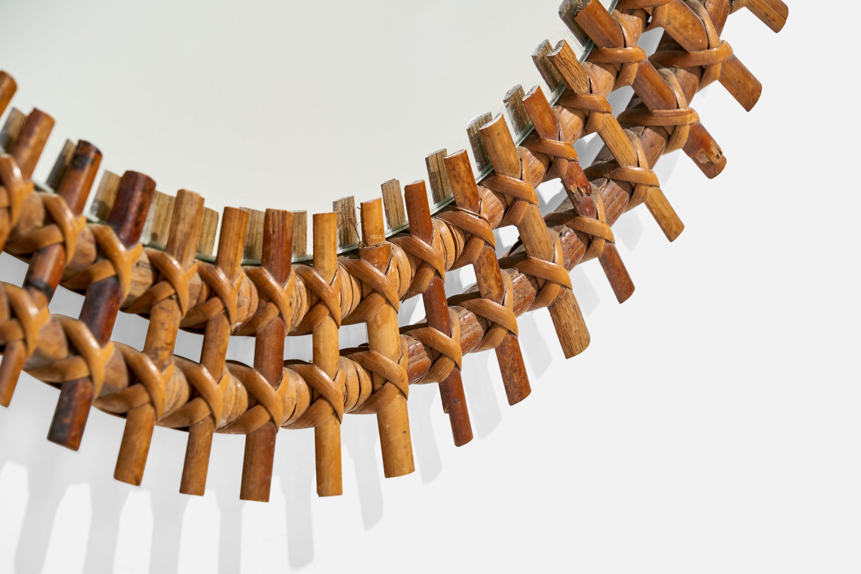 Diseñador italiano, Espejo de pared circular, Ratán, Espejo, Italia, S. 1950 en venta 2