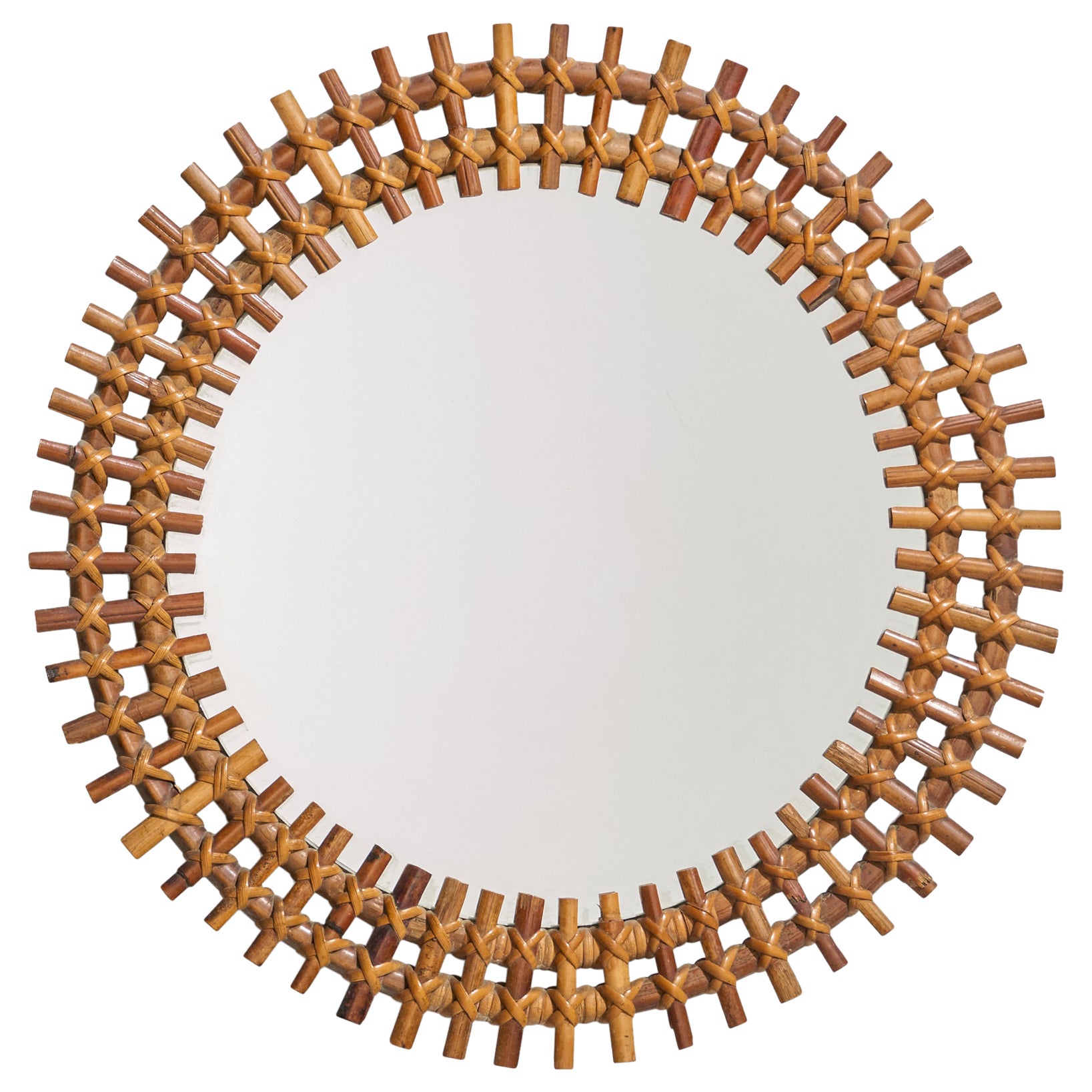 Italian Designer, Circular Wall Mirror, Rattan, Mirror, Italy, C. 1950s