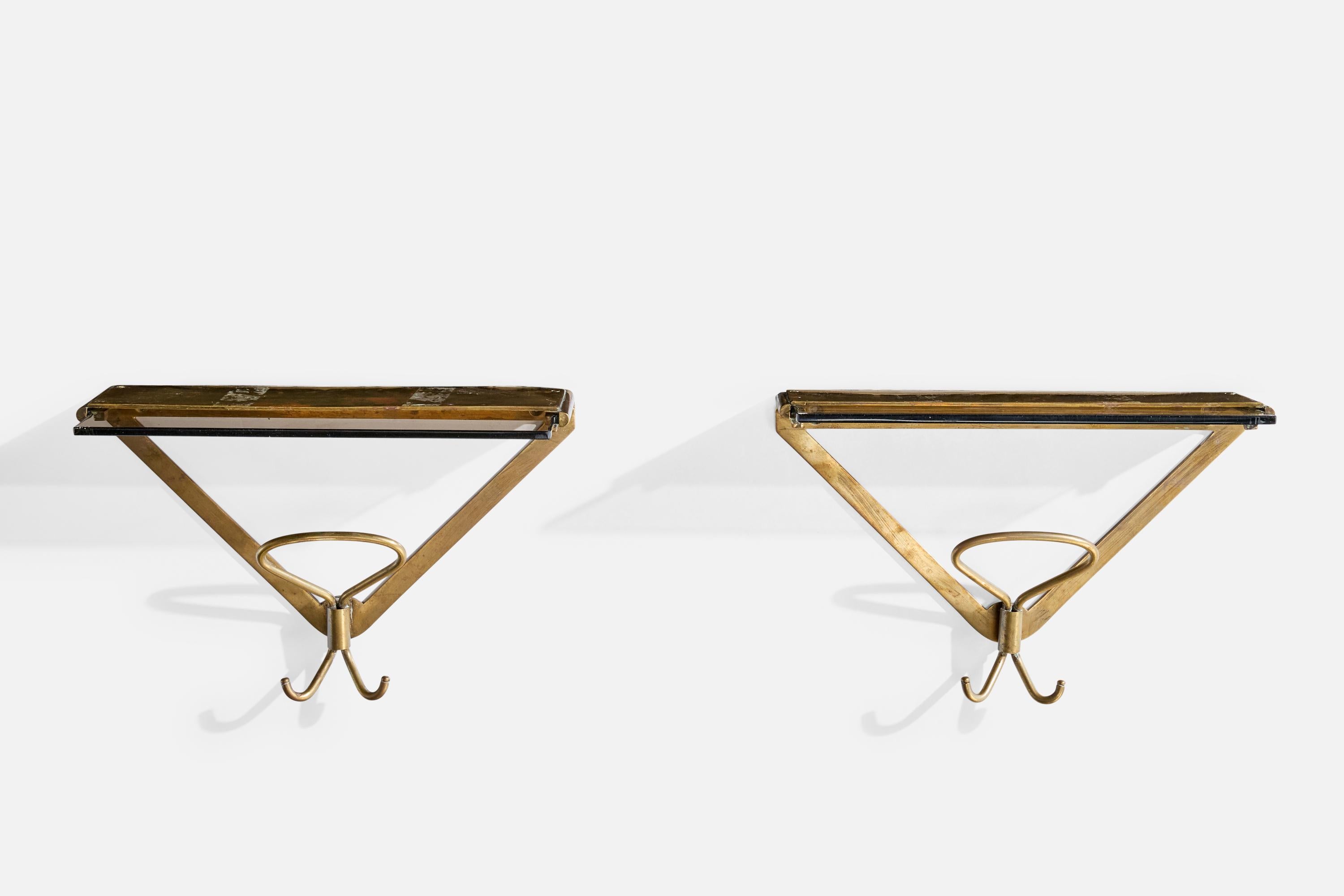 Mid-Century Modern Italian Designer, Coat Hangers, Brass, Glass, Italy, 1950s For Sale
